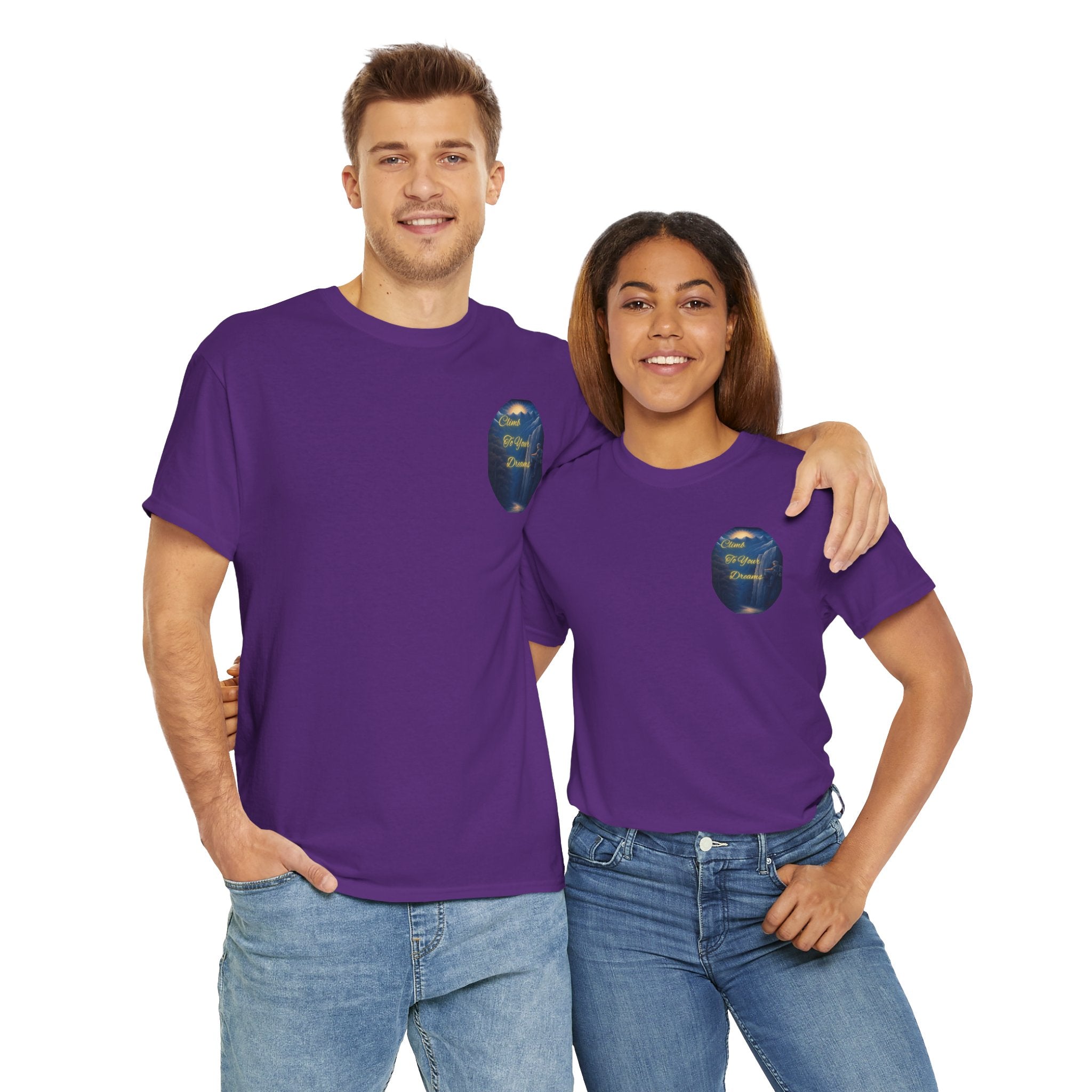 Climb To Your Dreams – Rock Climber Back-Print Tee + Front Badge | Gildan 5000, Inspirational and Motivational Apparel, Gift for Dreamers, Creative Expression Wear