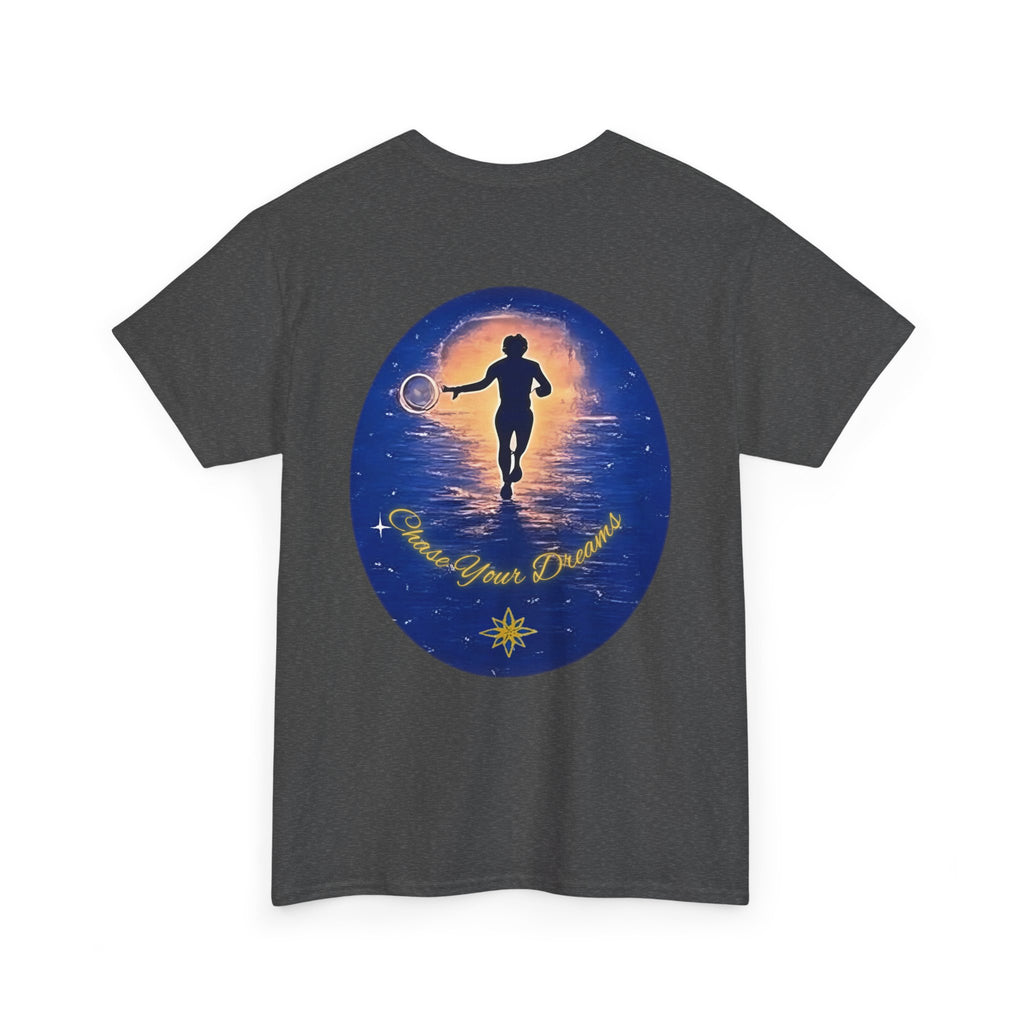 Chase Your Dreams – Sunrise Silhouette Back Printed Heavy Cotton Tee, Inspirational and Motivational Apparel, Gift for Dreamers, Creative Expression Wear