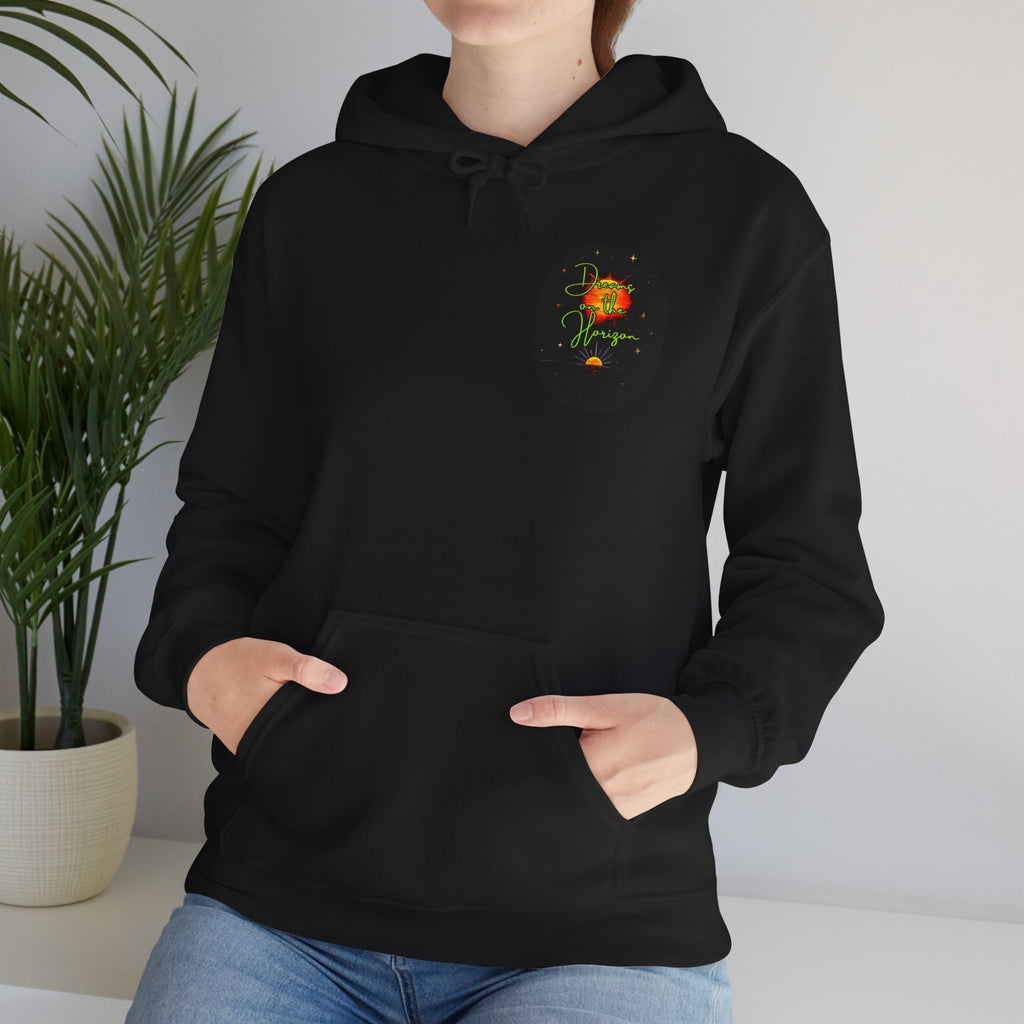 Dreams on the Horizon (Lemongrass) Sunrise Back Print Hooded Sweatshirt, Inspirational and Motivational Apparel, Gift for Dreamers, Creative Expression Wear
