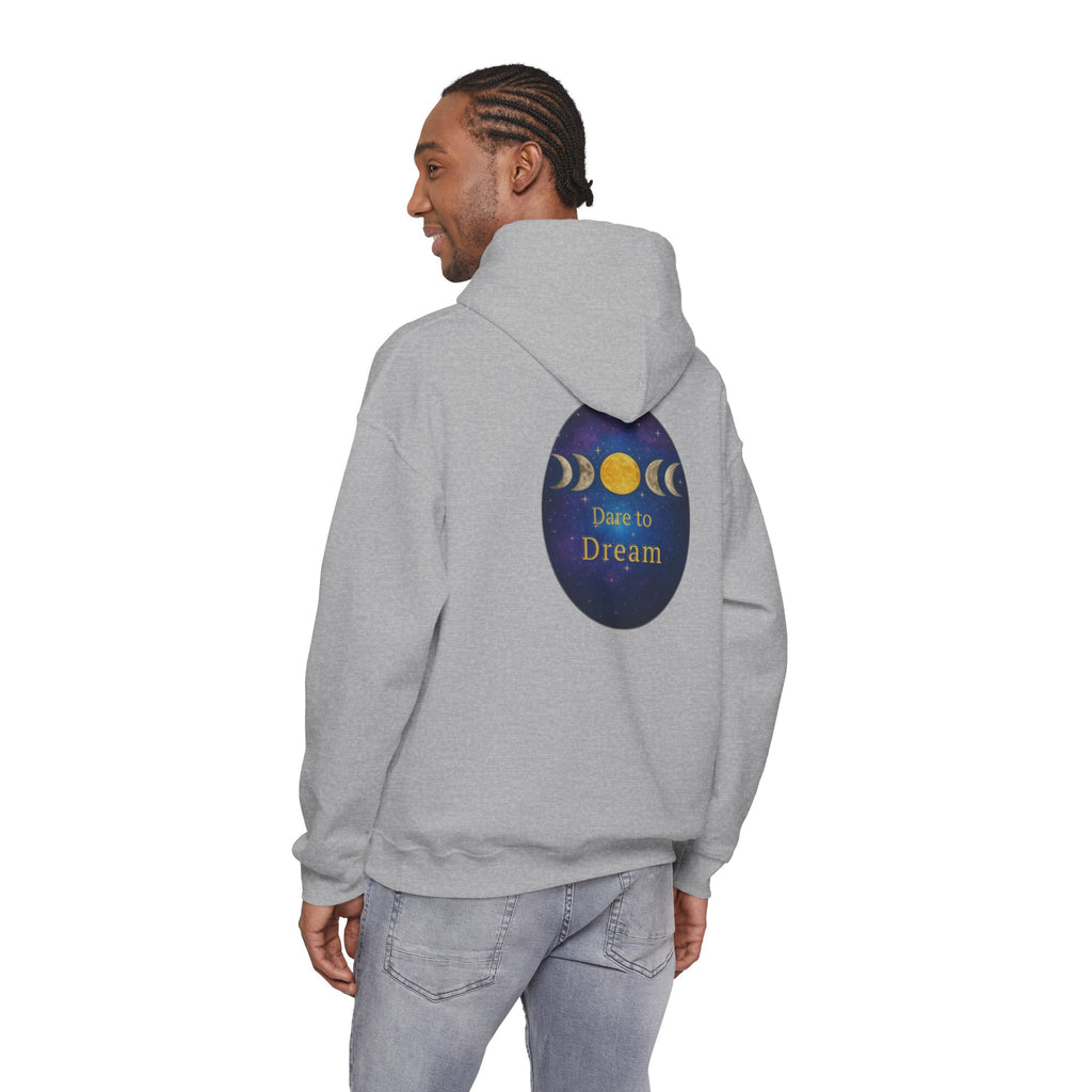 Dare to Dream Moon-Phase Hoodie | Back Glow Print + Front Badge | Heavy Blend™, Inspirational and Motivational Apparel, Gift for Dreamers, Creative Expression Wear