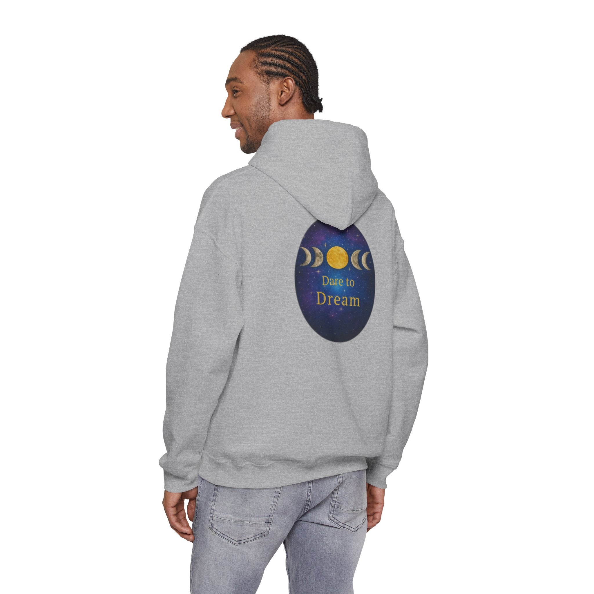 Dare to Dream Moon-Phase Hoodie | Back Glow Print + Front Badge | Heavy Blend™, Inspirational and Motivational Apparel, Gift for Dreamers, Creative Expression Wear