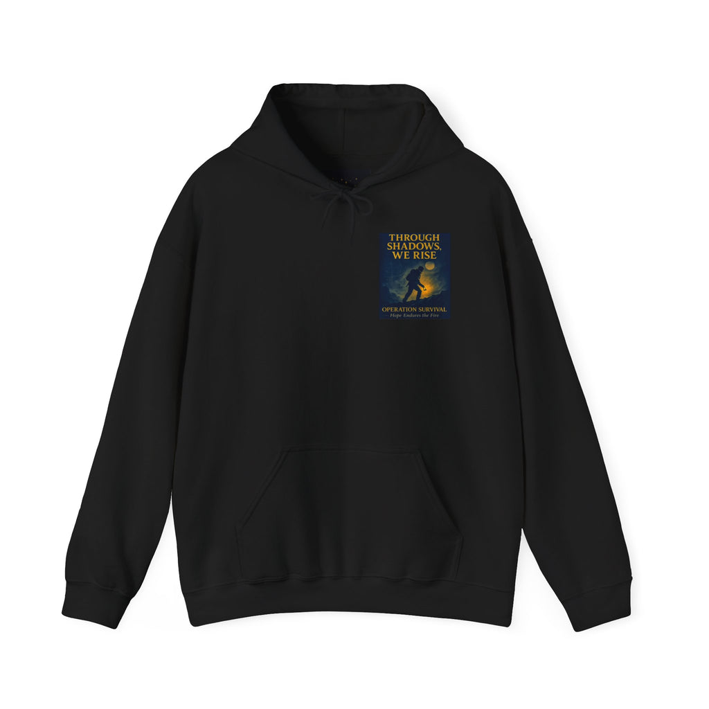 Through Shadows, We Rise – Back-print Cinematic Artwork Operation Survival Hoodie  | Gildan Heavy Blend™ 18500 — Inspirational and Motivational Apparel, Gift for Dreamers, Creative Expression Wear