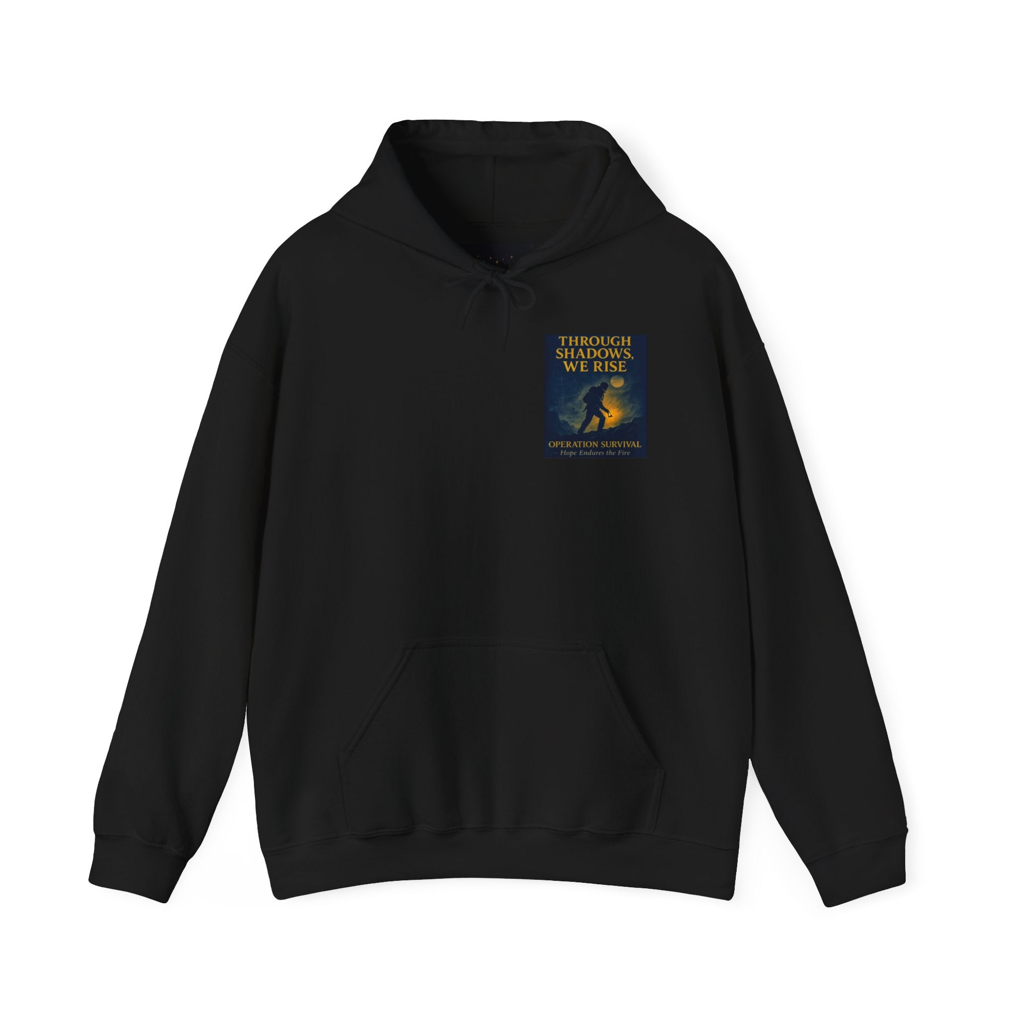 Through Shadows, We Rise – Back-print Cinematic Artwork Operation Survival Hoodie  | Gildan Heavy Blend™ 18500 — Inspirational and Motivational Apparel, Gift for Dreamers, Creative Expression Wear