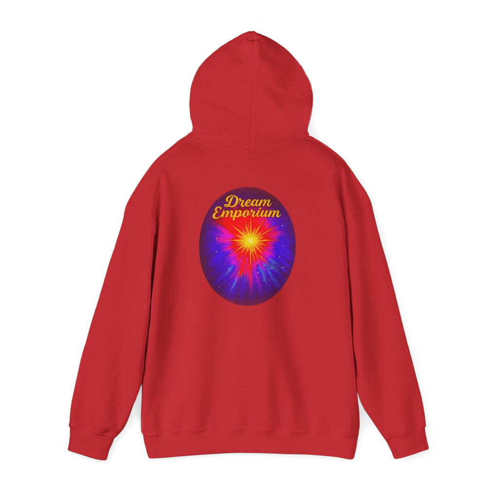 Dream Emporium – Back Printed Radiant Starburst Heavy Blend™ Hooded Sweatshirt, Inspirational and Motivational Apparel, Gift for Dreamers, Creative Expression Wear