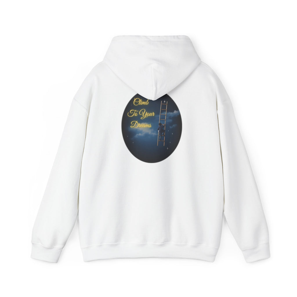 Climb To Your Dreams – Starry Night Ladder-to-Moon Back-Print Hoodie + Front Badge | Gildan 18500, Inspirational and Motivational Apparel, Gift for Dreamers, Creative Expression Wear