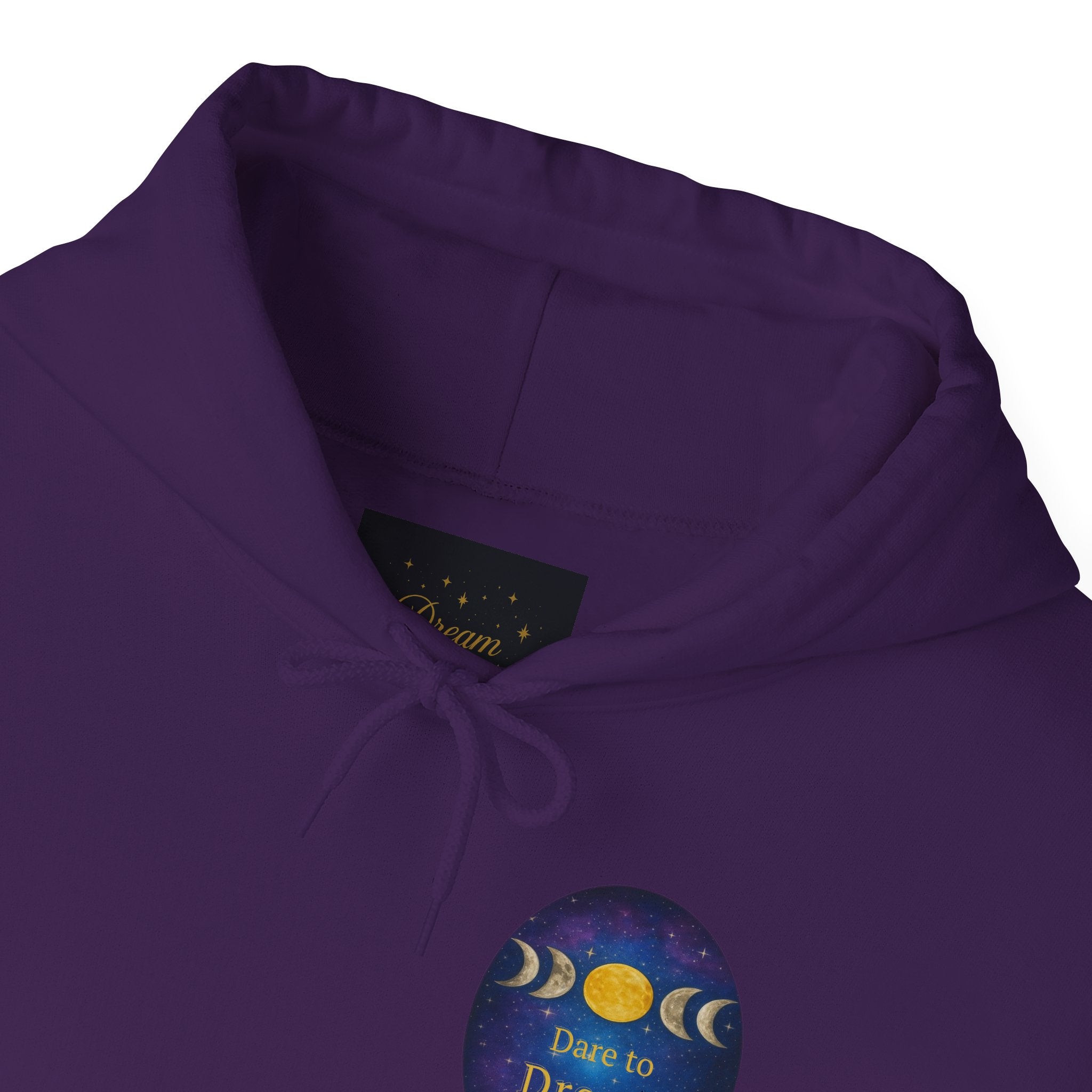 Dare to Dream Moon-Phase Hoodie | Back Glow Print + Front Badge | Heavy Blend™, Inspirational and Motivational Apparel, Gift for Dreamers, Creative Expression Wear