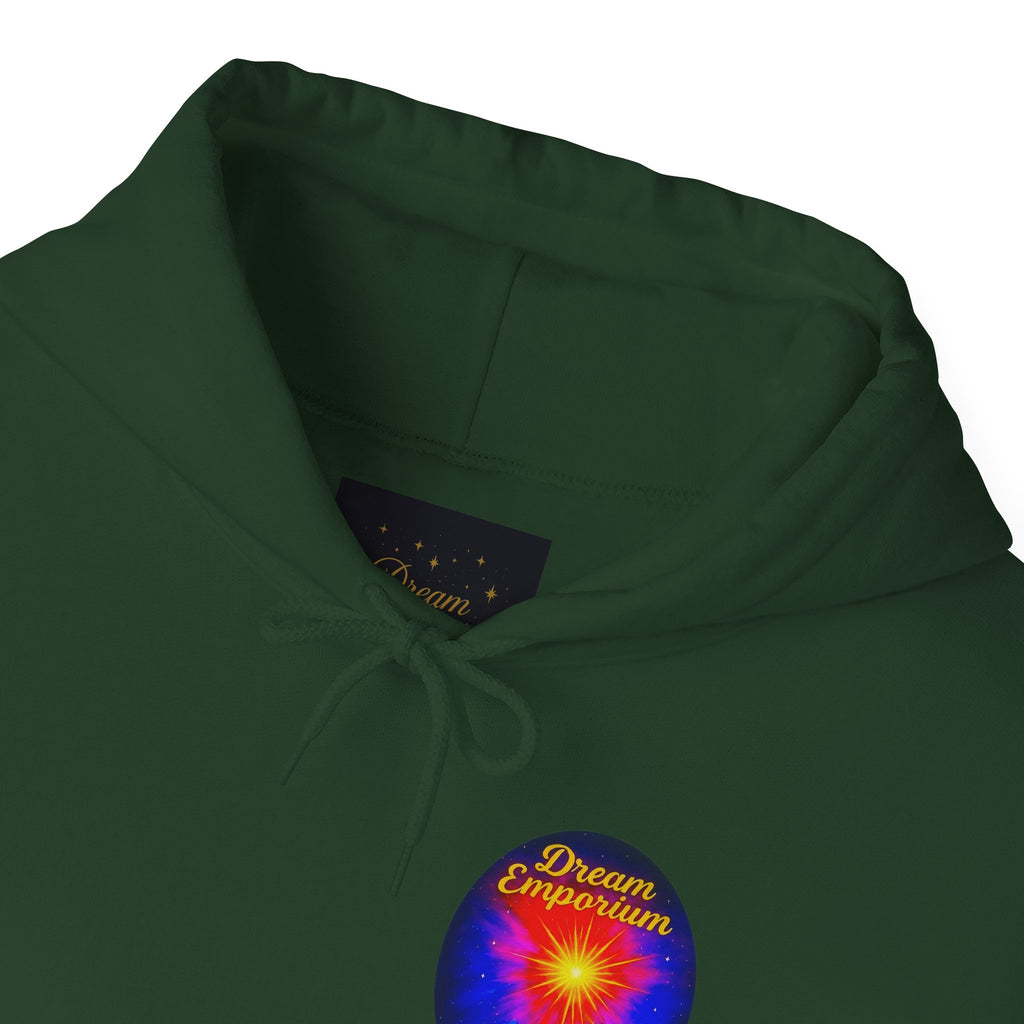 Dream Emporium – Back Printed Radiant Starburst Heavy Blend™ Hooded Sweatshirt, Inspirational and Motivational Apparel, Gift for Dreamers, Creative Expression Wear