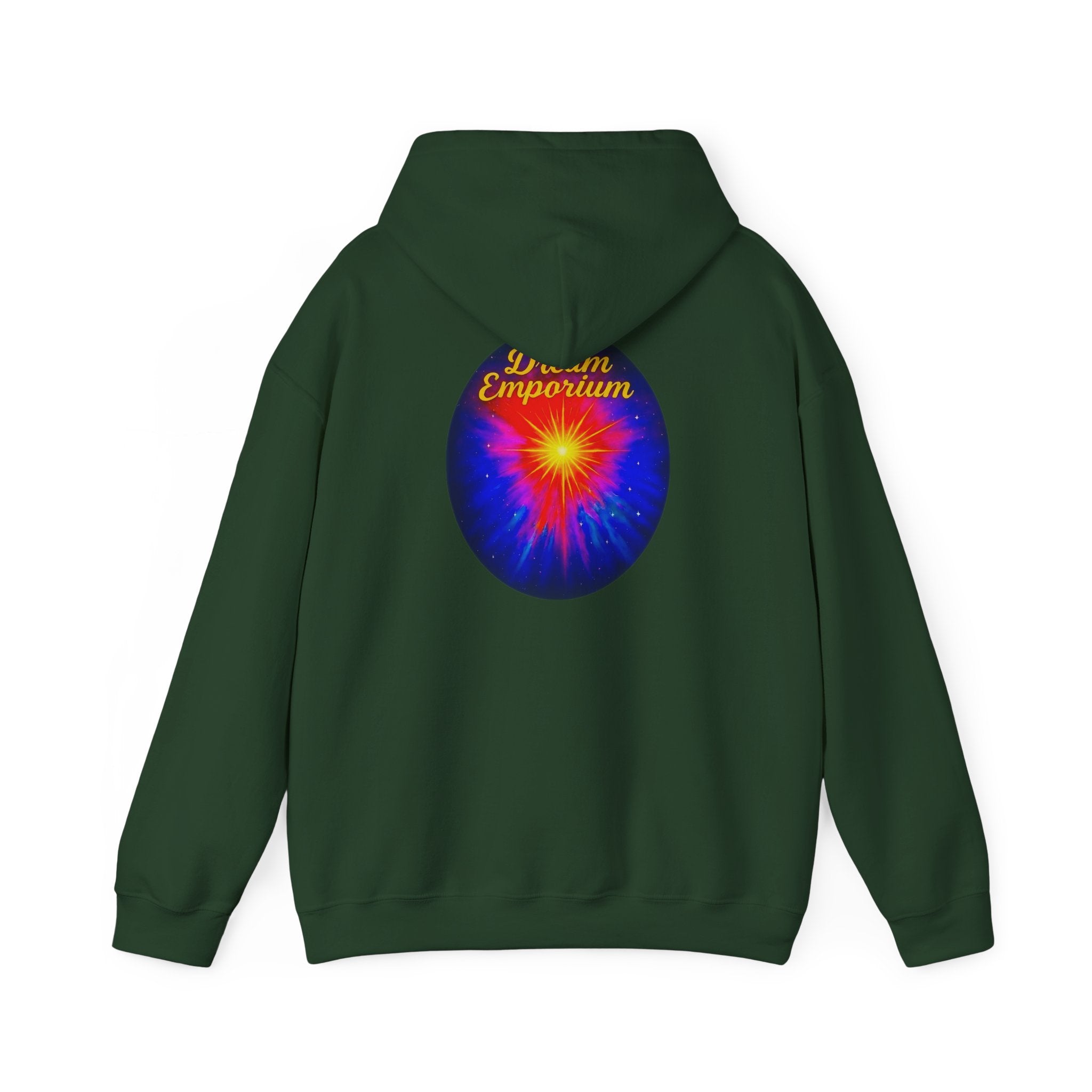 Dream Emporium – Back Printed Radiant Starburst Heavy Blend™ Hooded Sweatshirt, Inspirational and Motivational Apparel, Gift for Dreamers, Creative Expression Wear