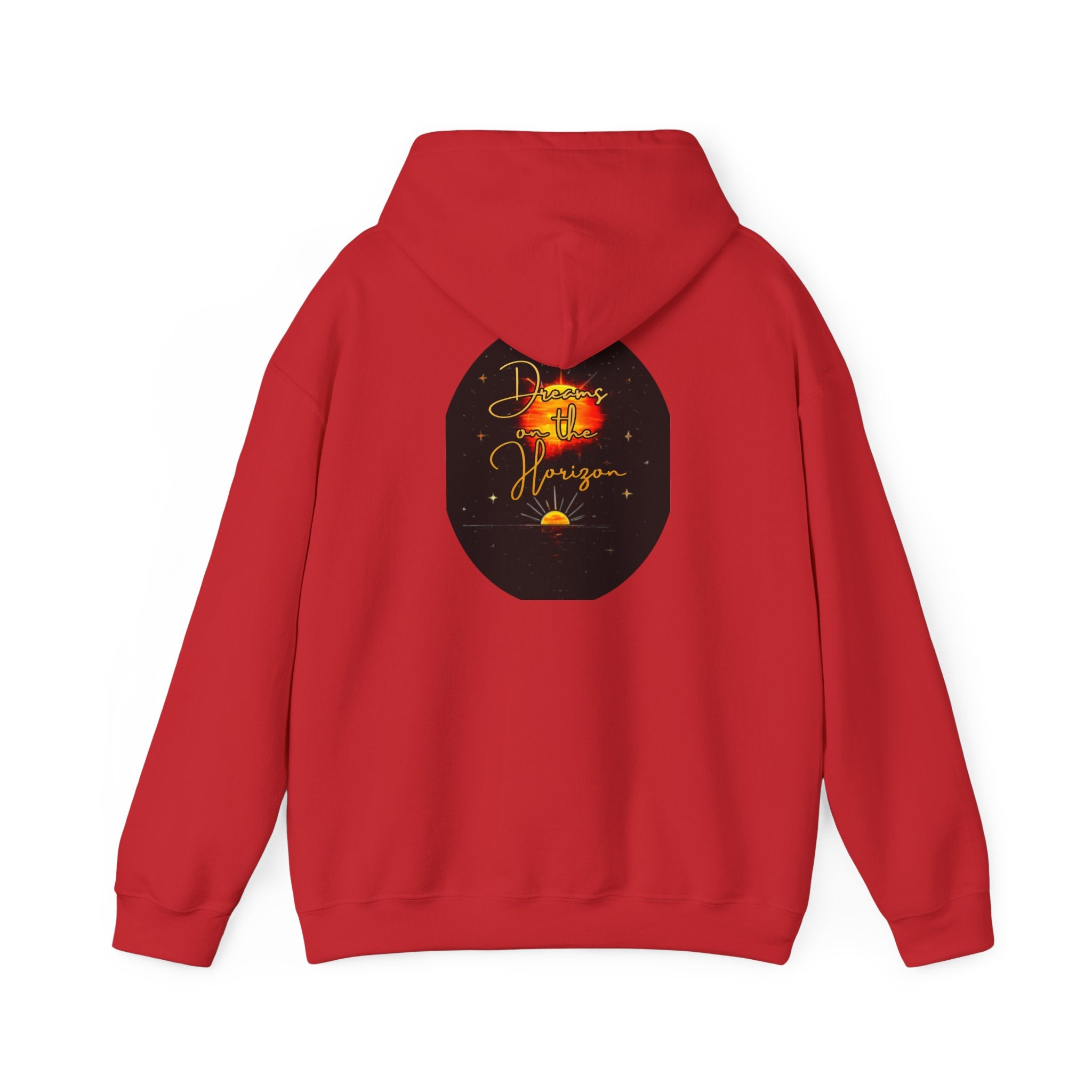 Dreams on the Horizon Sunrise Back Print Hooded Sweatshirt, Inspirational and Motivational Apparel, Gift for Dreamers, Creative Expression Wear