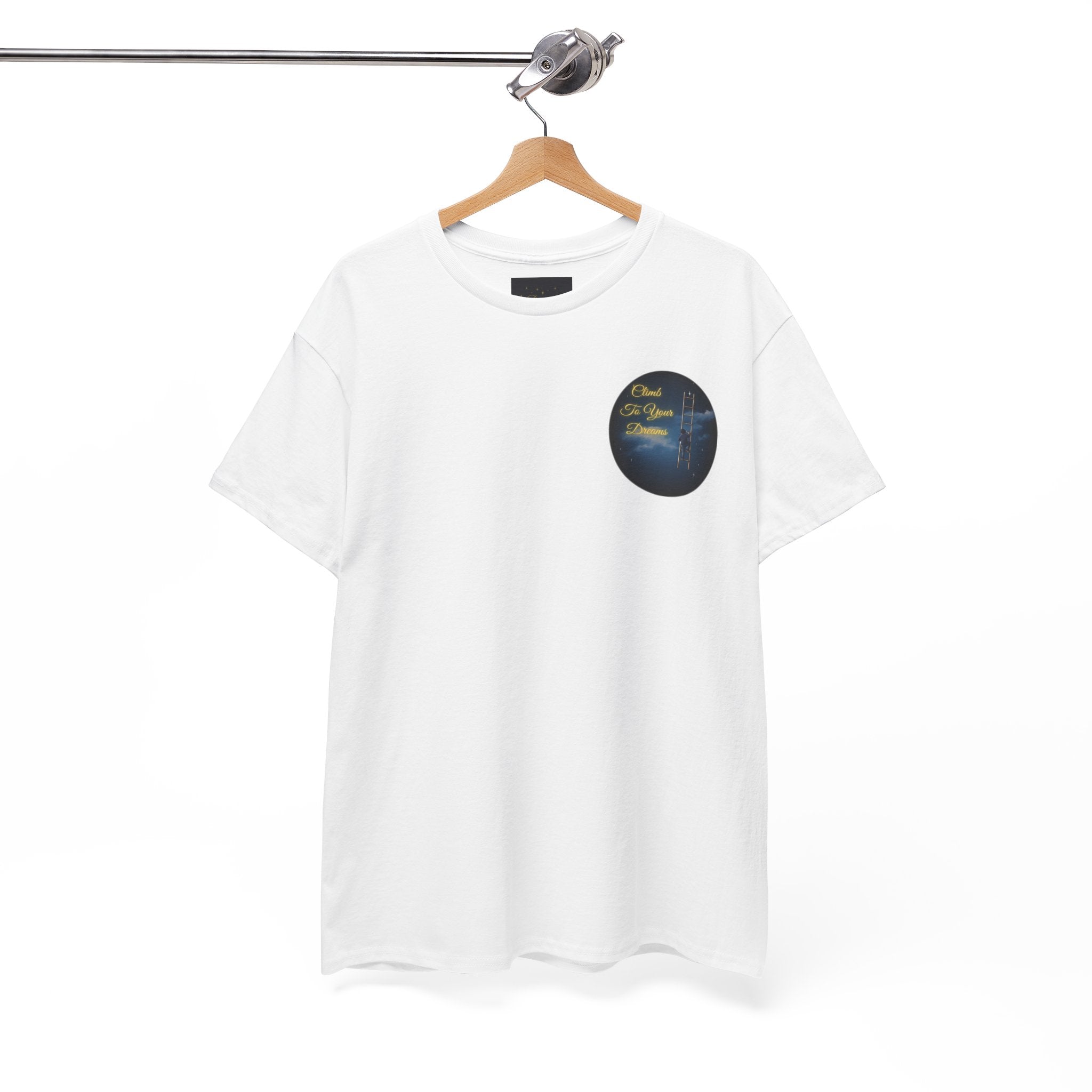 Climb To Your Dreams – Starry Night Ladder Back-Print Tee + Front Badge | Gildan 5000, Inspirational and Motivational Apparel, Gift for Dreamers, Creative Expression Wear