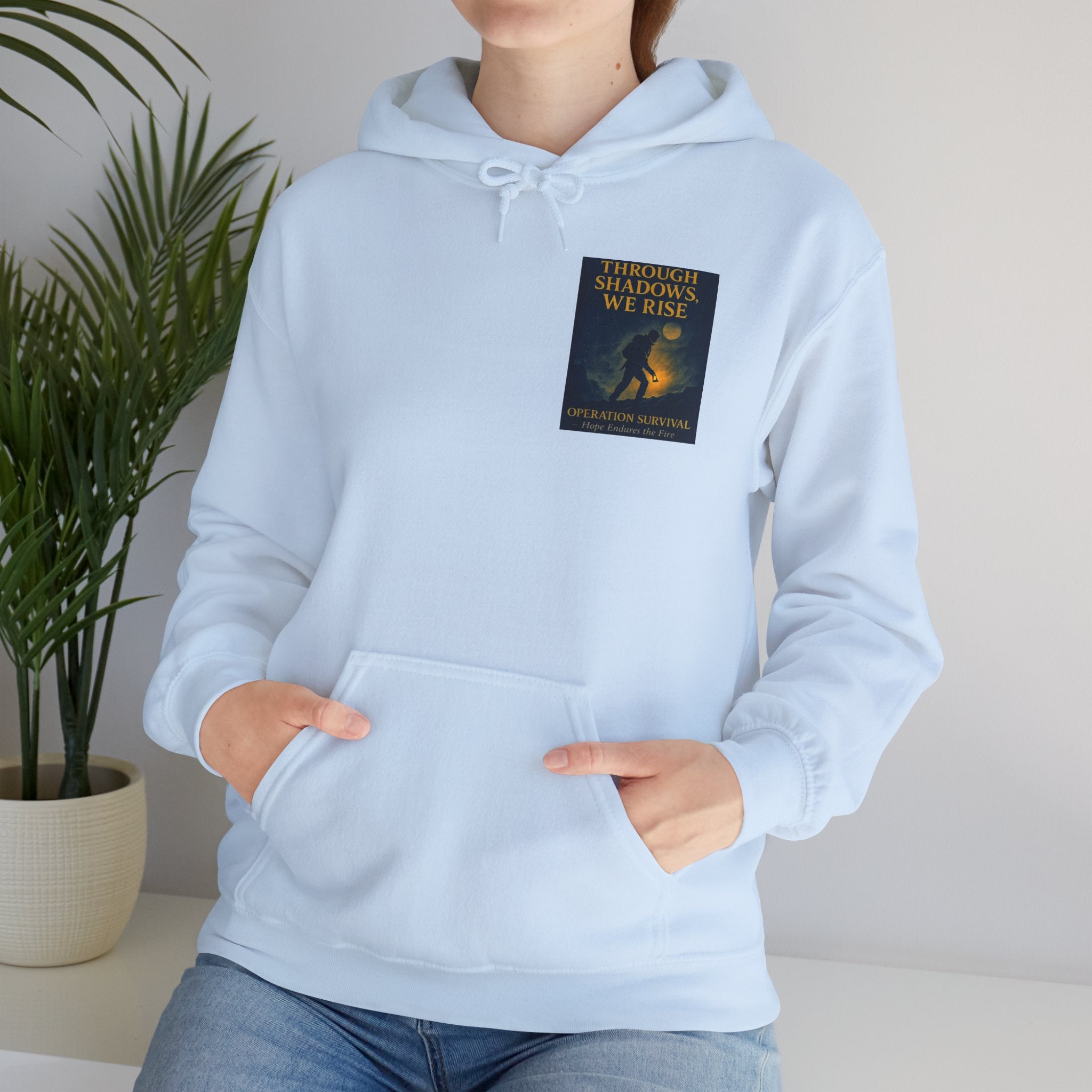 Through Shadows, We Rise – Back-print Cinematic Artwork Operation Survival Hoodie  | Gildan Heavy Blend™ 18500 — Inspirational and Motivational Apparel, Gift for Dreamers, Creative Expression Wear