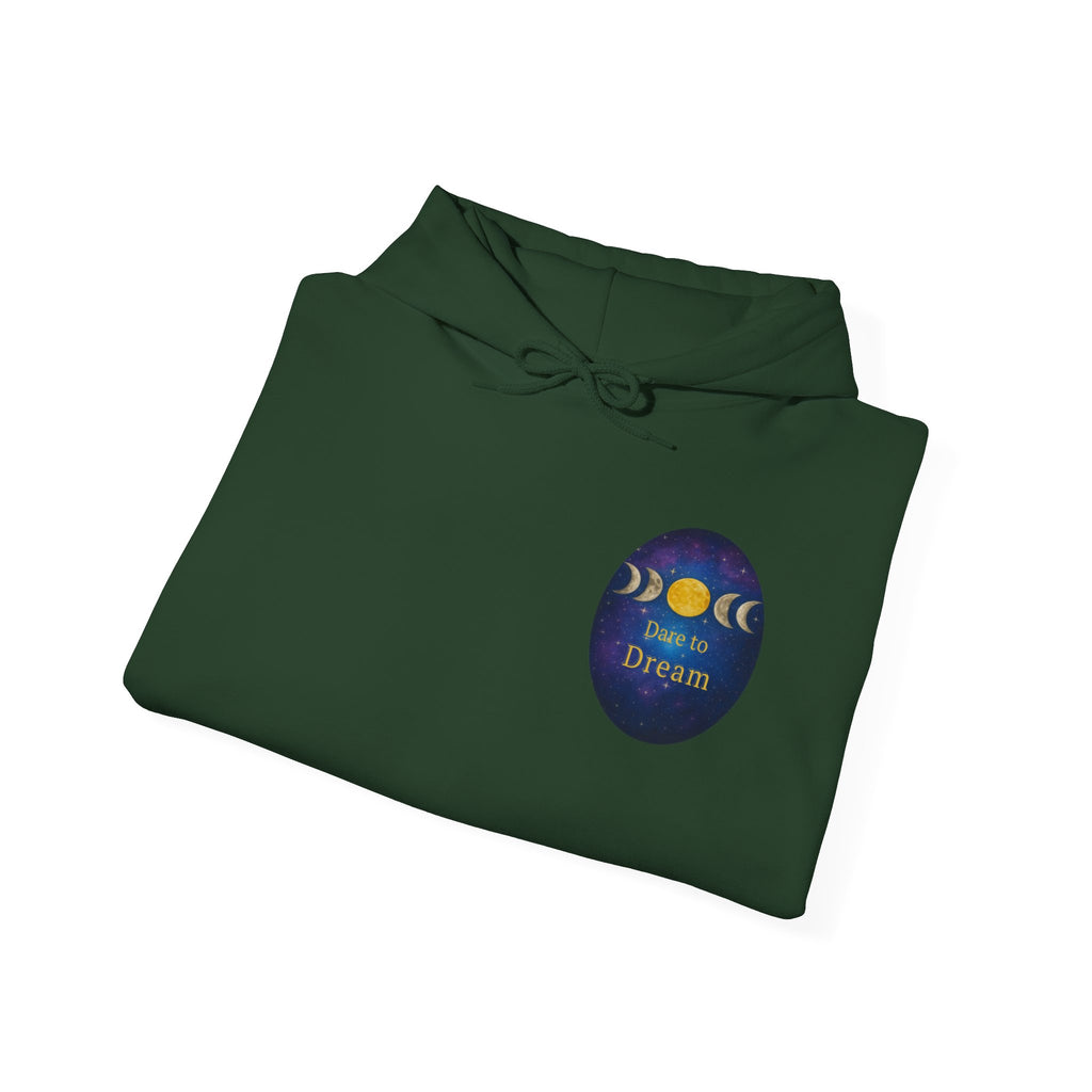 Dare to Dream Moon-Phase Hoodie | Back Glow Print + Front Badge | Heavy Blend™, Inspirational and Motivational Apparel, Gift for Dreamers, Creative Expression Wear