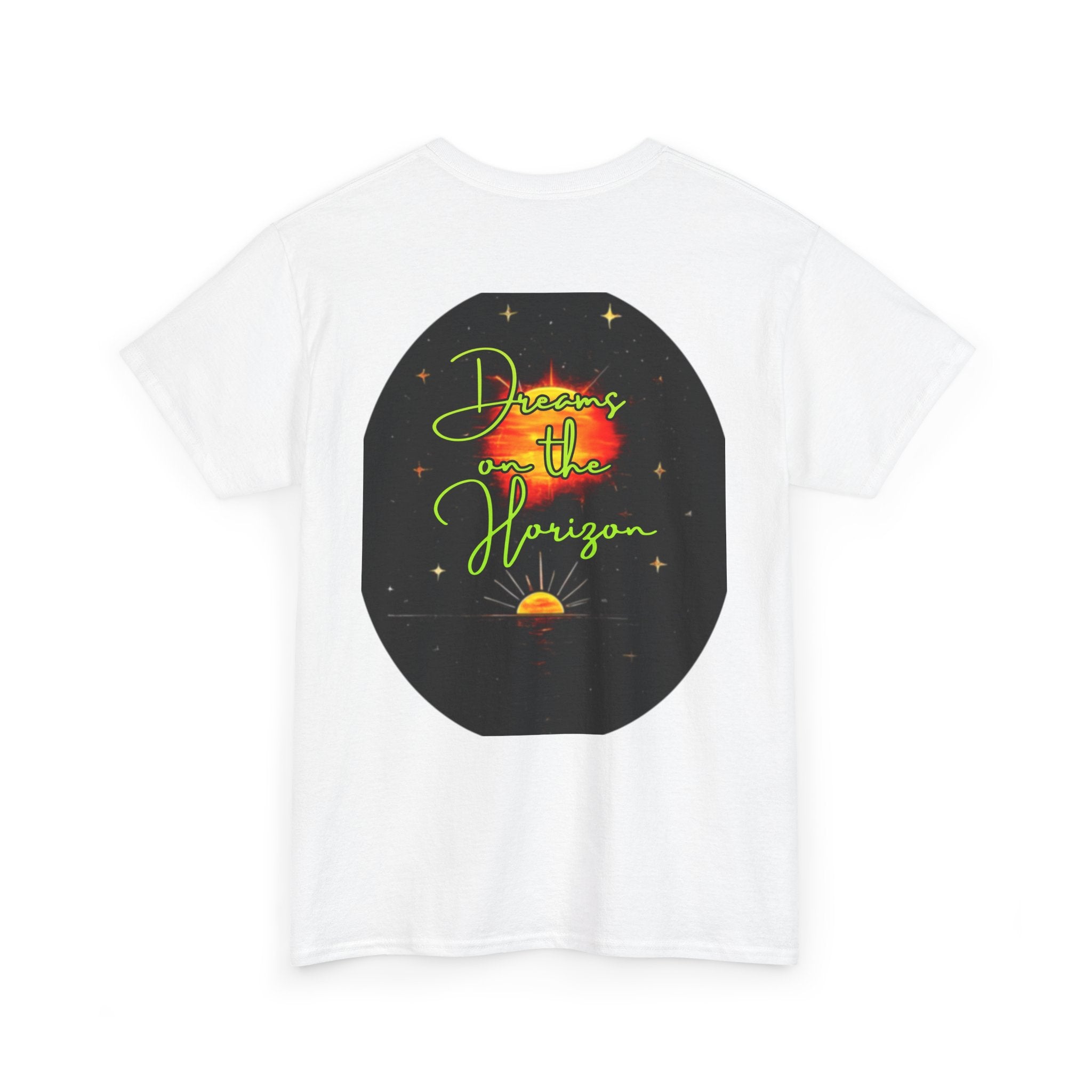 Dreams on the Horizon (Lemongrass) – Sunrise Back-Print Heavy Cotton Tee, Inspirational and Motivational Apparel, Gift for Dreamers, Creative Expression Wear
