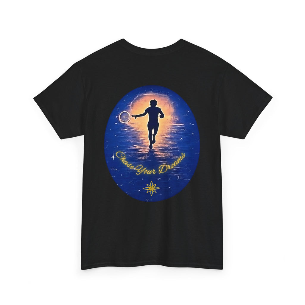 Chase Your Dreams – Sunrise Silhouette Back Printed Heavy Cotton Tee, Inspirational and Motivational Apparel, Gift for Dreamers, Creative Expression Wear