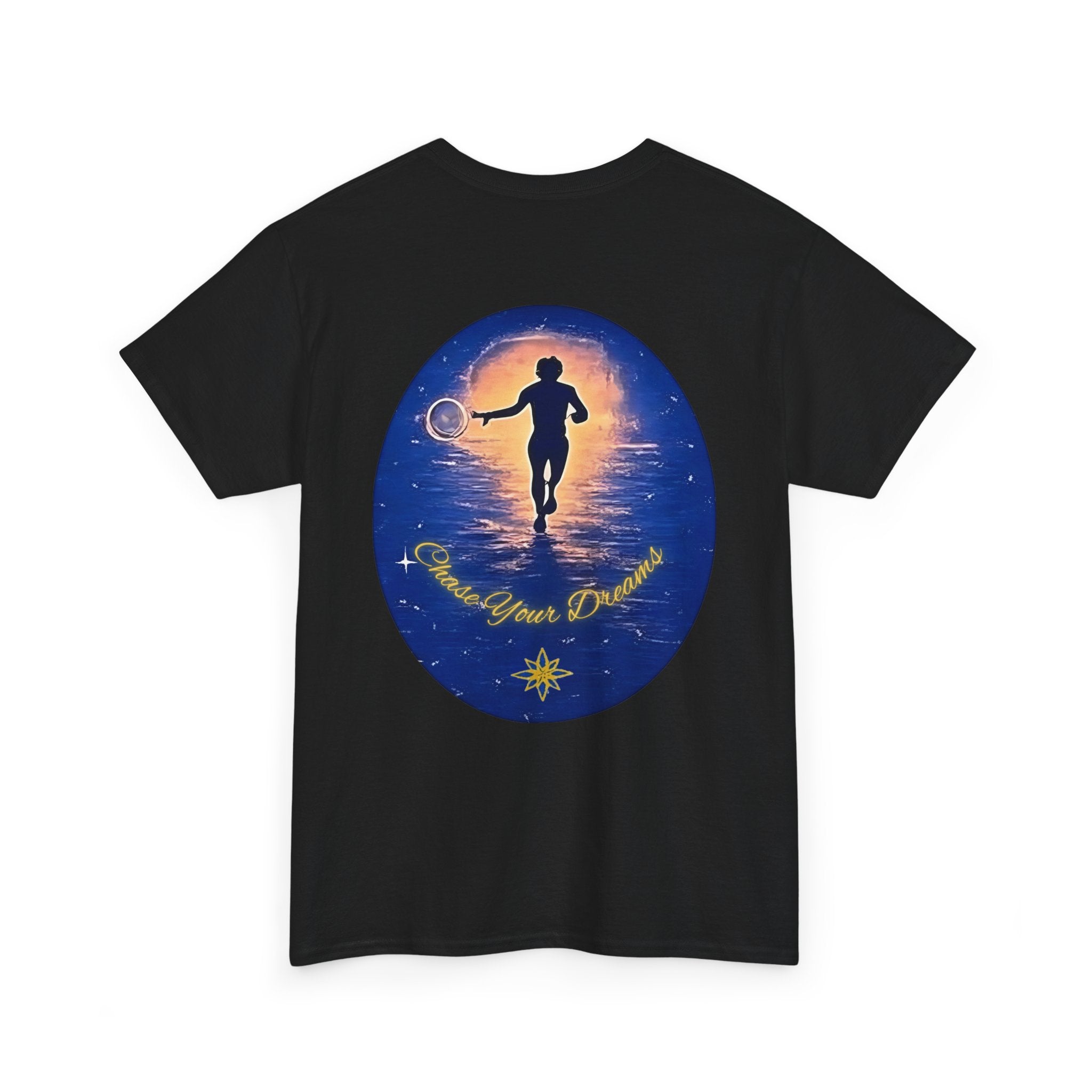 Chase Your Dreams – Sunrise Silhouette Back Printed Heavy Cotton Tee, Inspirational and Motivational Apparel, Gift for Dreamers, Creative Expression Wear