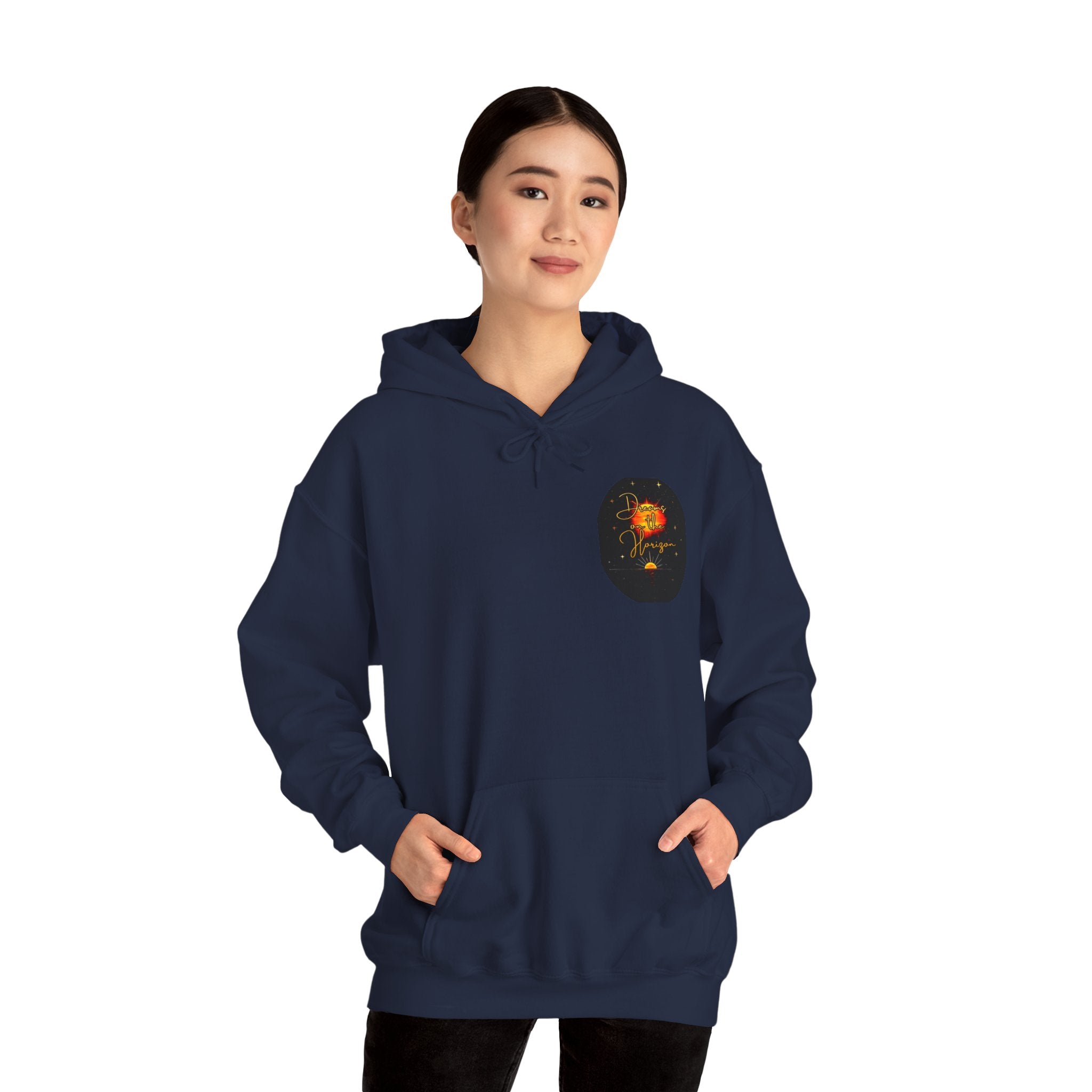 Dreams on the Horizon Sunrise Back Print Hooded Sweatshirt, Inspirational and Motivational Apparel, Gift for Dreamers, Creative Expression Wear