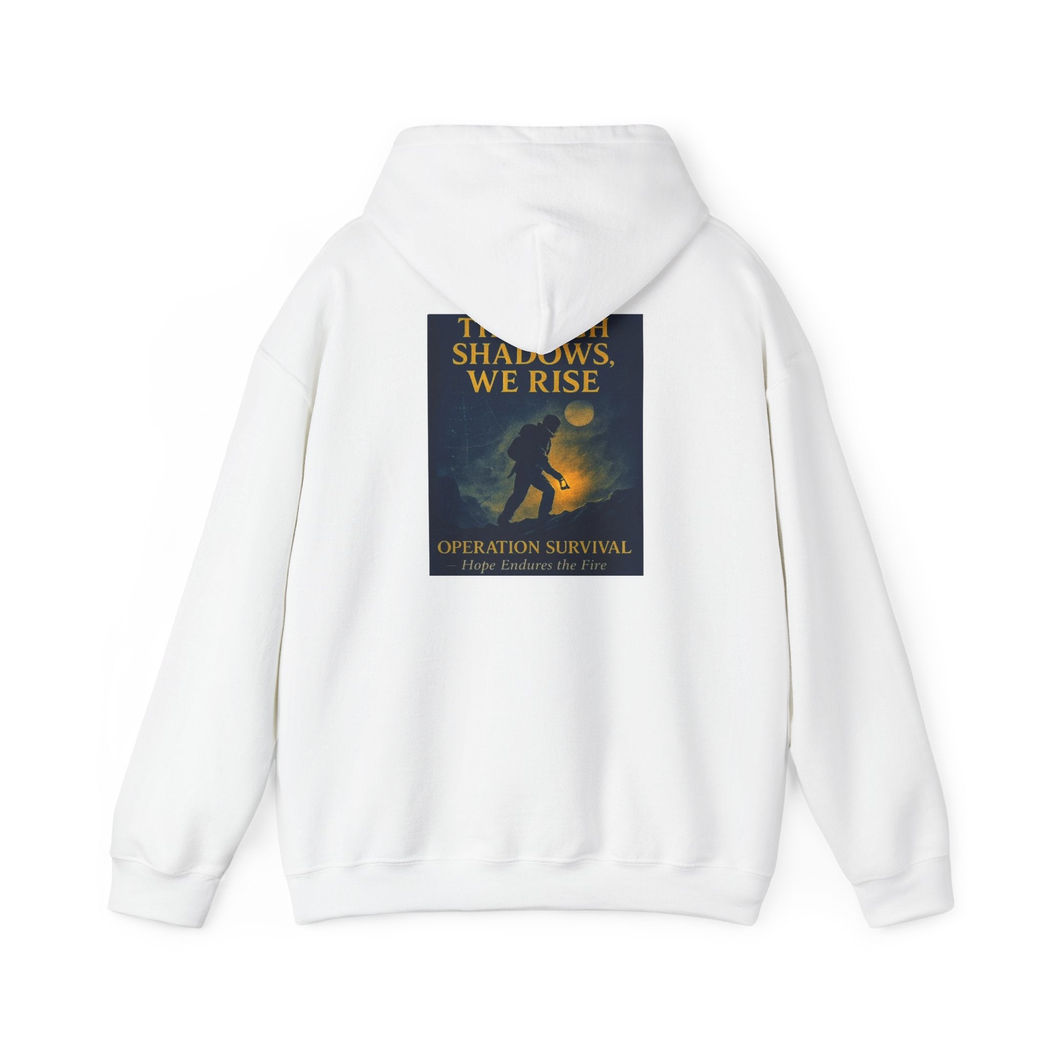 Through Shadows, We Rise – Back-print Cinematic Artwork Operation Survival Hoodie  | Gildan Heavy Blend™ 18500 — Inspirational and Motivational Apparel, Gift for Dreamers, Creative Expression Wear