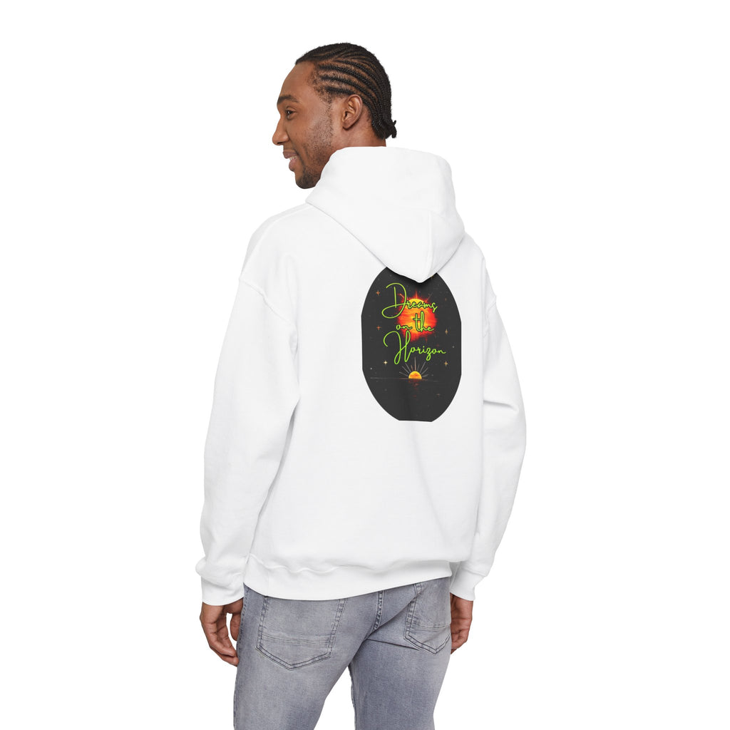 Dreams on the Horizon (Lemongrass) Sunrise Back Print Hooded Sweatshirt, Inspirational and Motivational Apparel, Gift for Dreamers, Creative Expression Wear