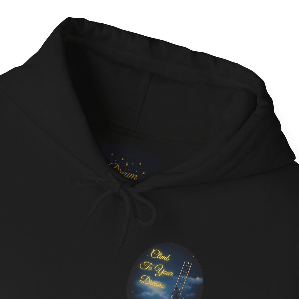 Climb To Your Dreams – Starry Night Ladder-to-Moon Back-Print Hoodie + Front Badge | Gildan 18500, Inspirational and Motivational Apparel, Gift for Dreamers, Creative Expression Wear