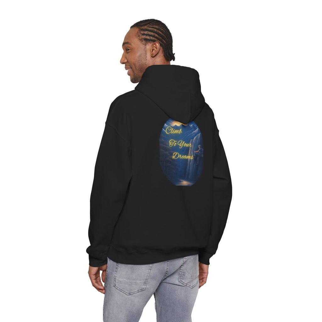 Climb To Your Dreams - Mountain Sunrise Hoodie | Back Glow Print + Front Badge | Heavy Blend™, Inspirational and Motivational Apparel, Gift for Dreamers, Creative Expression Wear