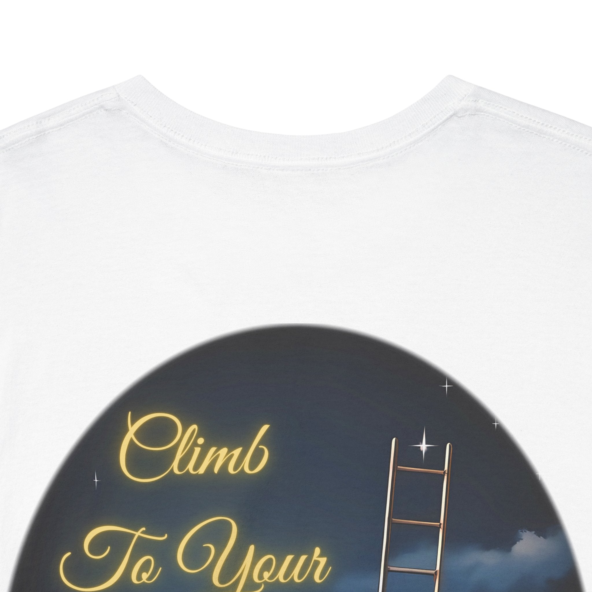 Climb To Your Dreams – Starry Night Ladder Back-Print Tee + Front Badge | Gildan 5000, Inspirational and Motivational Apparel, Gift for Dreamers, Creative Expression Wear