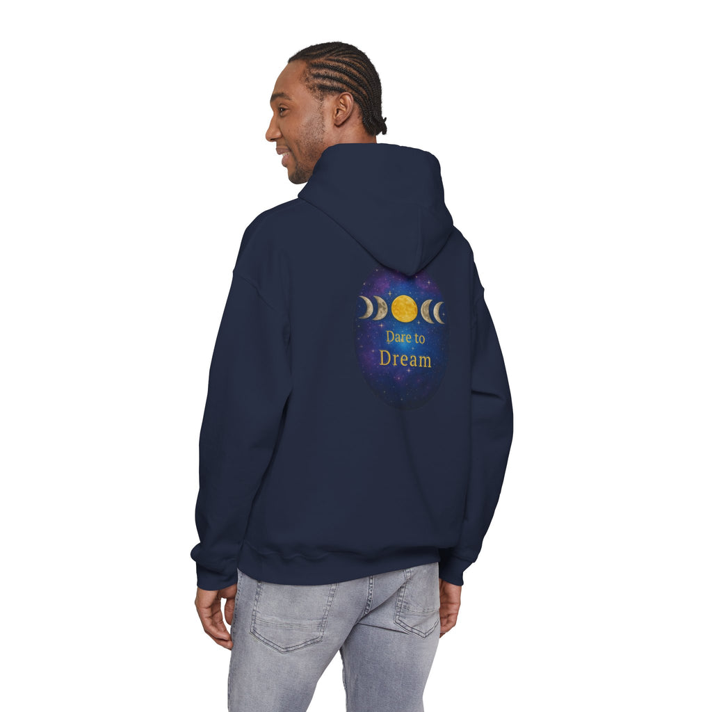Dare to Dream Moon-Phase Hoodie | Back Glow Print + Front Badge | Heavy Blend™, Inspirational and Motivational Apparel, Gift for Dreamers, Creative Expression Wear