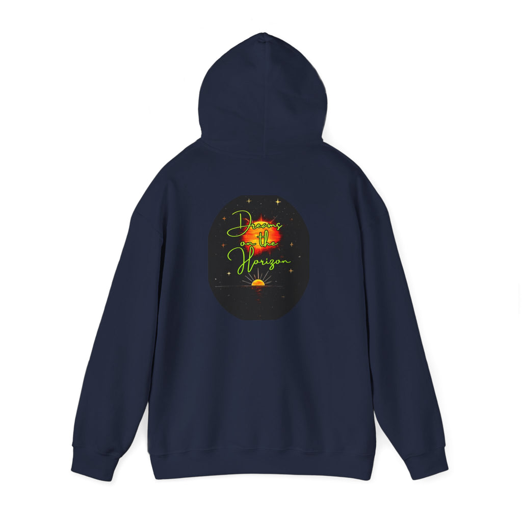 Dreams on the Horizon (Lemongrass) Sunrise Back Print Hooded Sweatshirt, Inspirational and Motivational Apparel, Gift for Dreamers, Creative Expression Wear