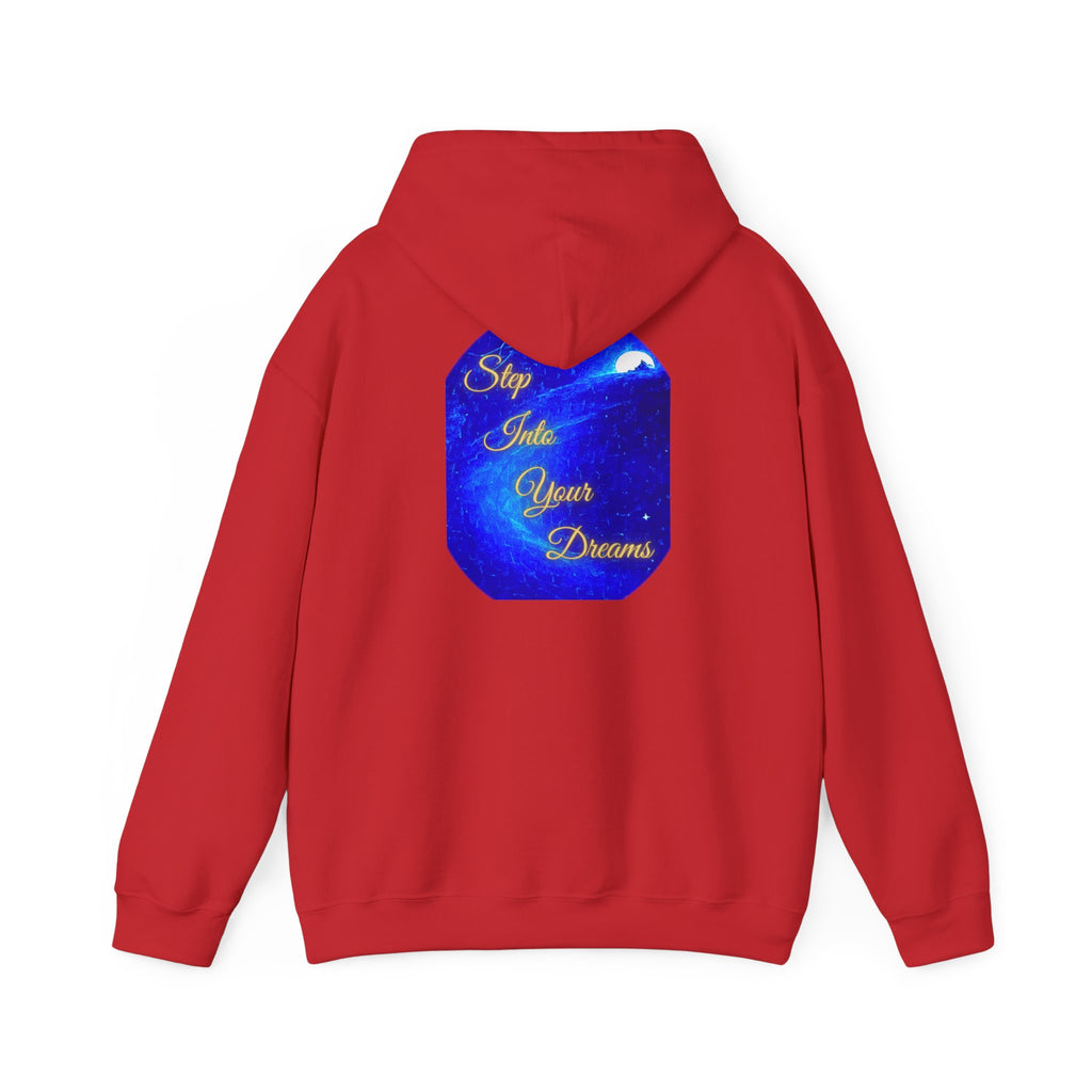Step Into Your Dreams – Cosmic Gateway Back-print Hoodie | Tiny front badge | Gildan Heavy Blend™. Inspirational and Motivational Apparel, Gift for Dreamers, Creative Expression