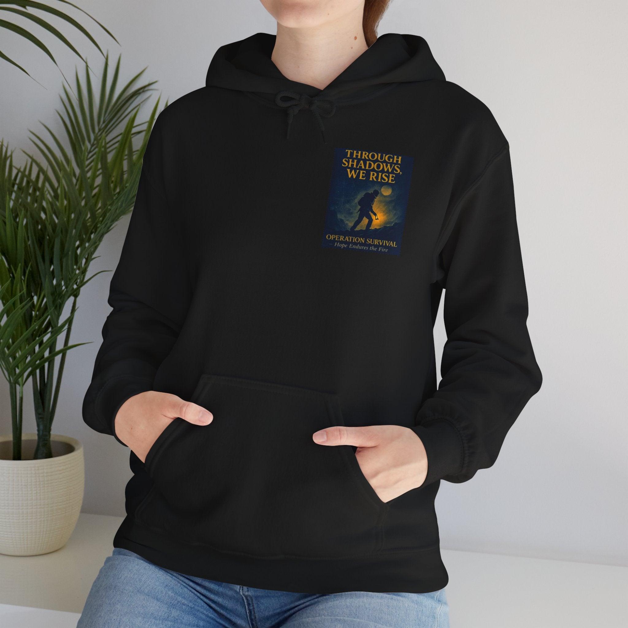 Through Shadows, We Rise – Back-print Cinematic Artwork Operation Survival Hoodie  | Gildan Heavy Blend™ 18500 — Inspirational and Motivational Apparel, Gift for Dreamers, Creative Expression Wear