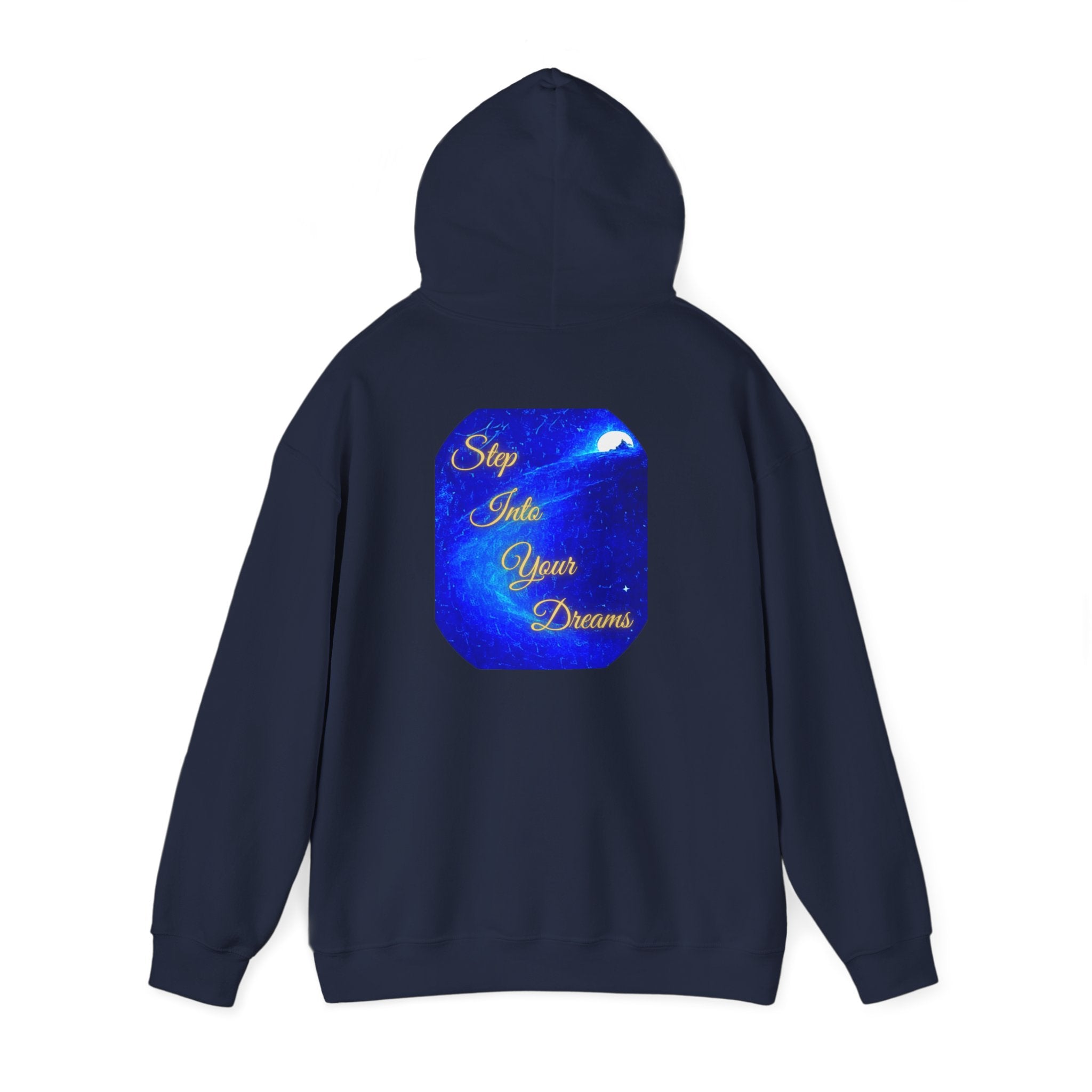 Step Into Your Dreams – Cosmic Gateway Back-print Hoodie | Tiny front badge | Gildan Heavy Blend™. Inspirational and Motivational Apparel, Gift for Dreamers, Creative Expression