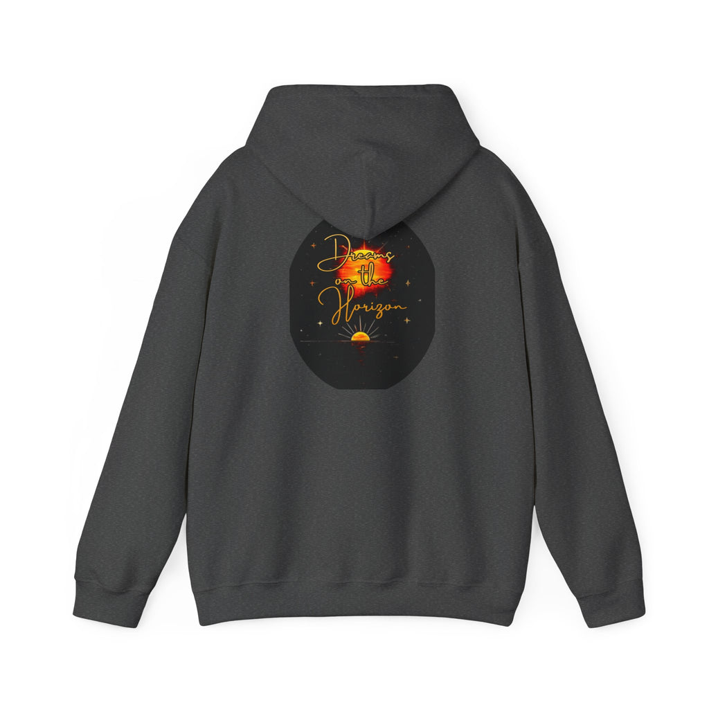 Dreams on the Horizon Sunrise Back Print Hooded Sweatshirt, Inspirational and Motivational Apparel, Gift for Dreamers, Creative Expression Wear