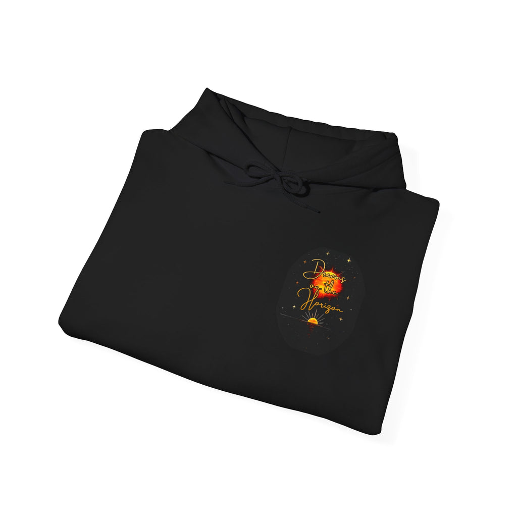 Dreams on the Horizon Sunrise Back Print Hooded Sweatshirt, Inspirational and Motivational Apparel, Gift for Dreamers, Creative Expression Wear