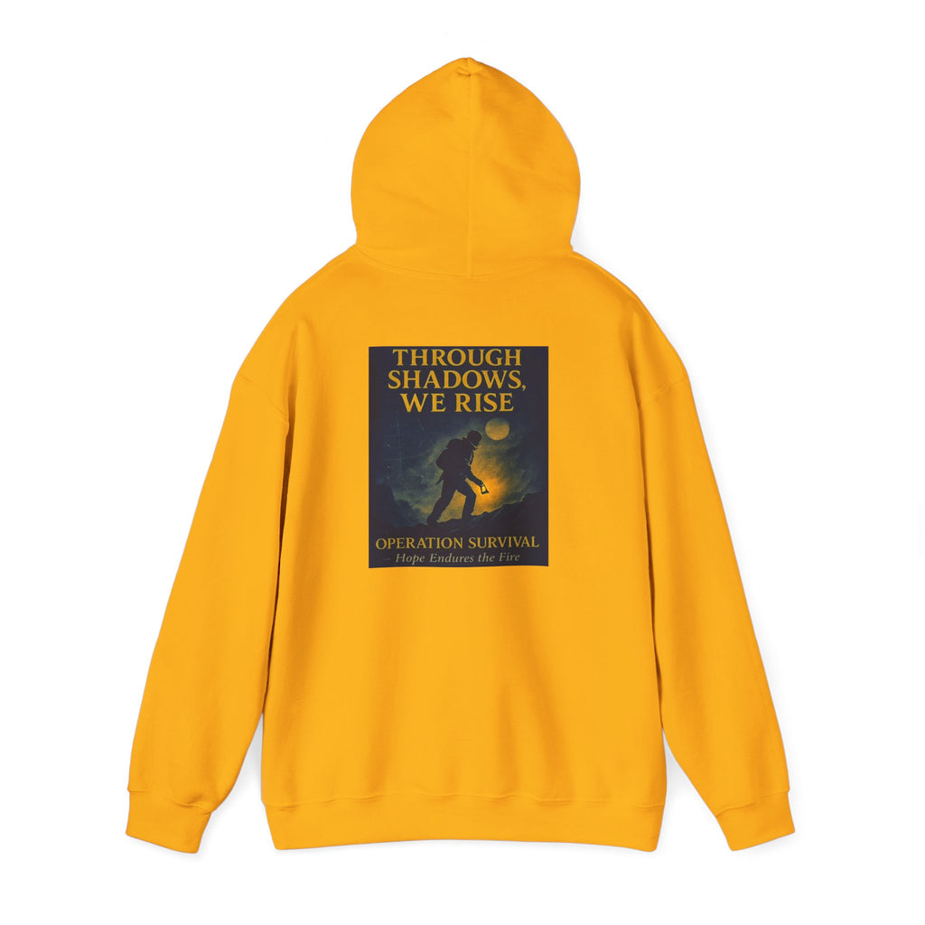 Through Shadows, We Rise – Back-print Cinematic Artwork Operation Survival Hoodie  | Gildan Heavy Blend™ 18500 — Inspirational and Motivational Apparel, Gift for Dreamers, Creative Expression Wear