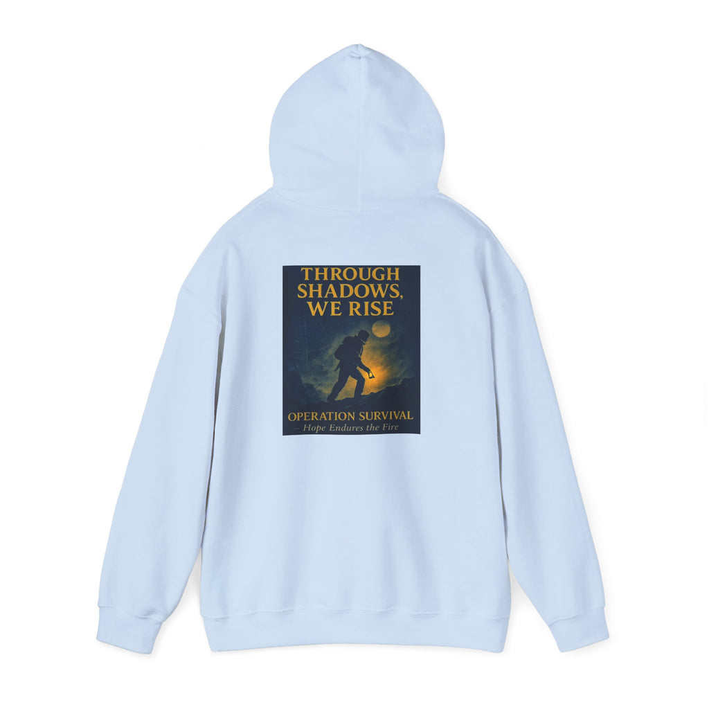 Through Shadows, We Rise – Back-print Cinematic Artwork Operation Survival Hoodie  | Gildan Heavy Blend™ 18500 — Inspirational and Motivational Apparel, Gift for Dreamers, Creative Expression Wear
