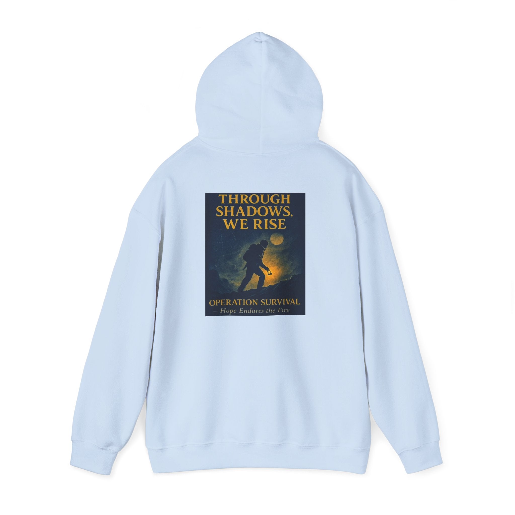 Through Shadows, We Rise – Back-print Cinematic Artwork Operation Survival Hoodie  | Gildan Heavy Blend™ 18500 — Inspirational and Motivational Apparel, Gift for Dreamers, Creative Expression Wear