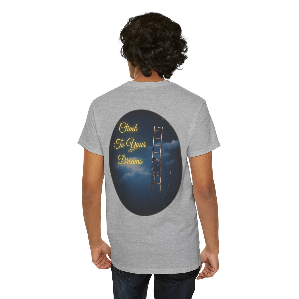 Climb To Your Dreams – Starry Night Ladder Back-Print Tee + Front Badge | Gildan 5000, Inspirational and Motivational Apparel, Gift for Dreamers, Creative Expression Wear