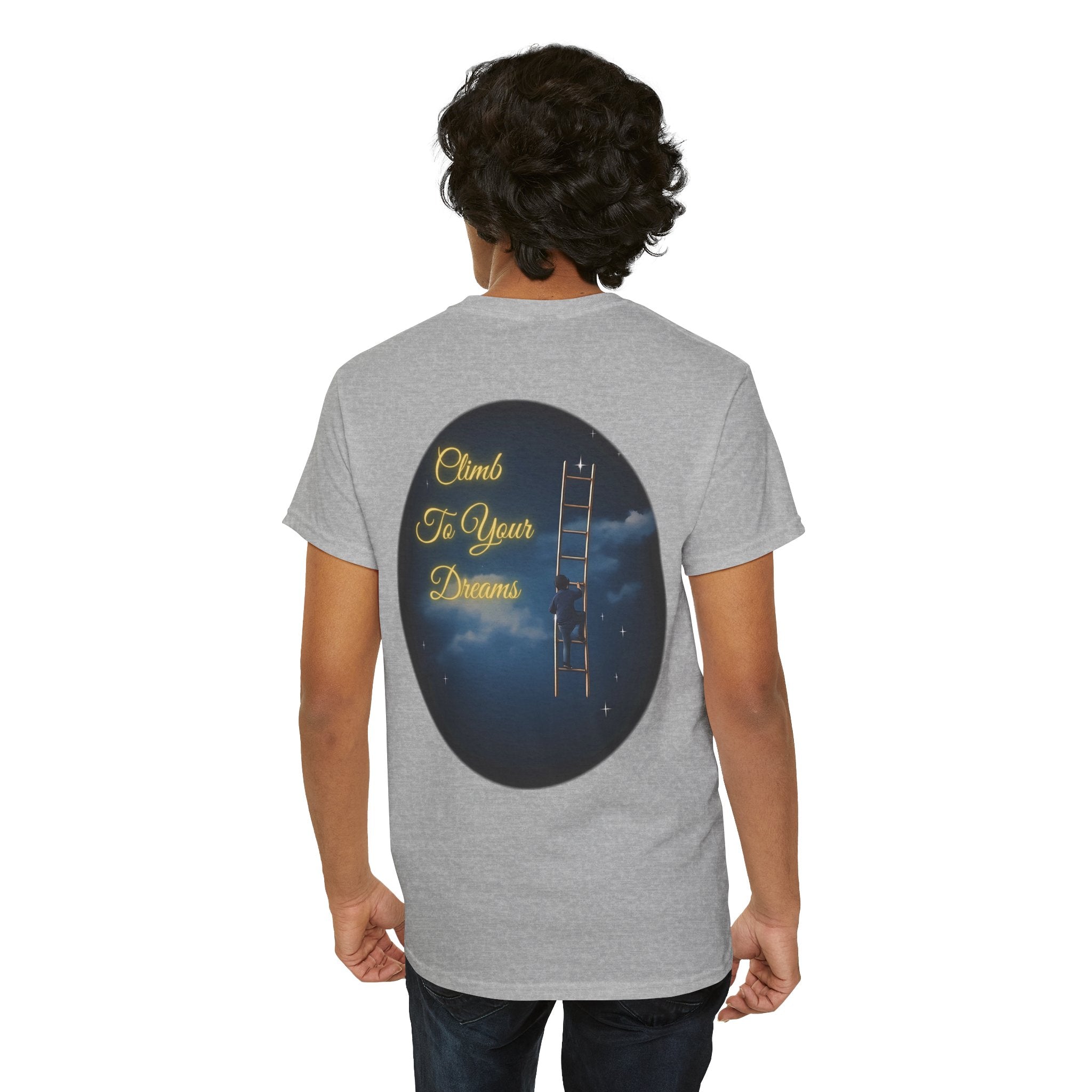 Climb To Your Dreams – Starry Night Ladder Back-Print Tee + Front Badge | Gildan 5000, Inspirational and Motivational Apparel, Gift for Dreamers, Creative Expression Wear