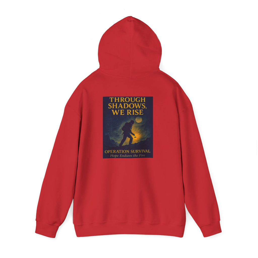 Through Shadows, We Rise – Back-print Cinematic Artwork Operation Survival Hoodie  | Gildan Heavy Blend™ 18500 — Inspirational and Motivational Apparel, Gift for Dreamers, Creative Expression Wear