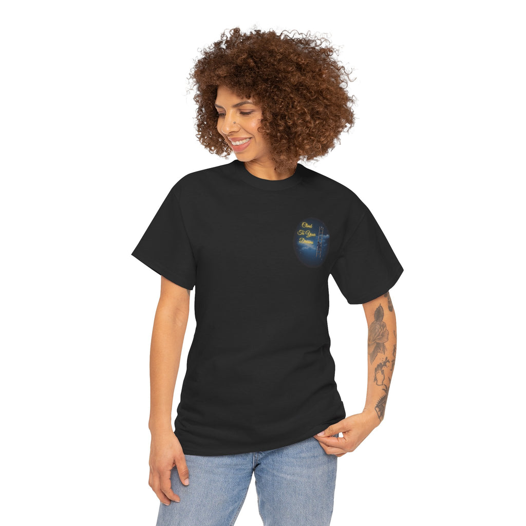 Climb To Your Dreams – Starry Night Ladder Back-Print Tee + Front Badge | Gildan 5000, Inspirational and Motivational Apparel, Gift for Dreamers, Creative Expression Wear