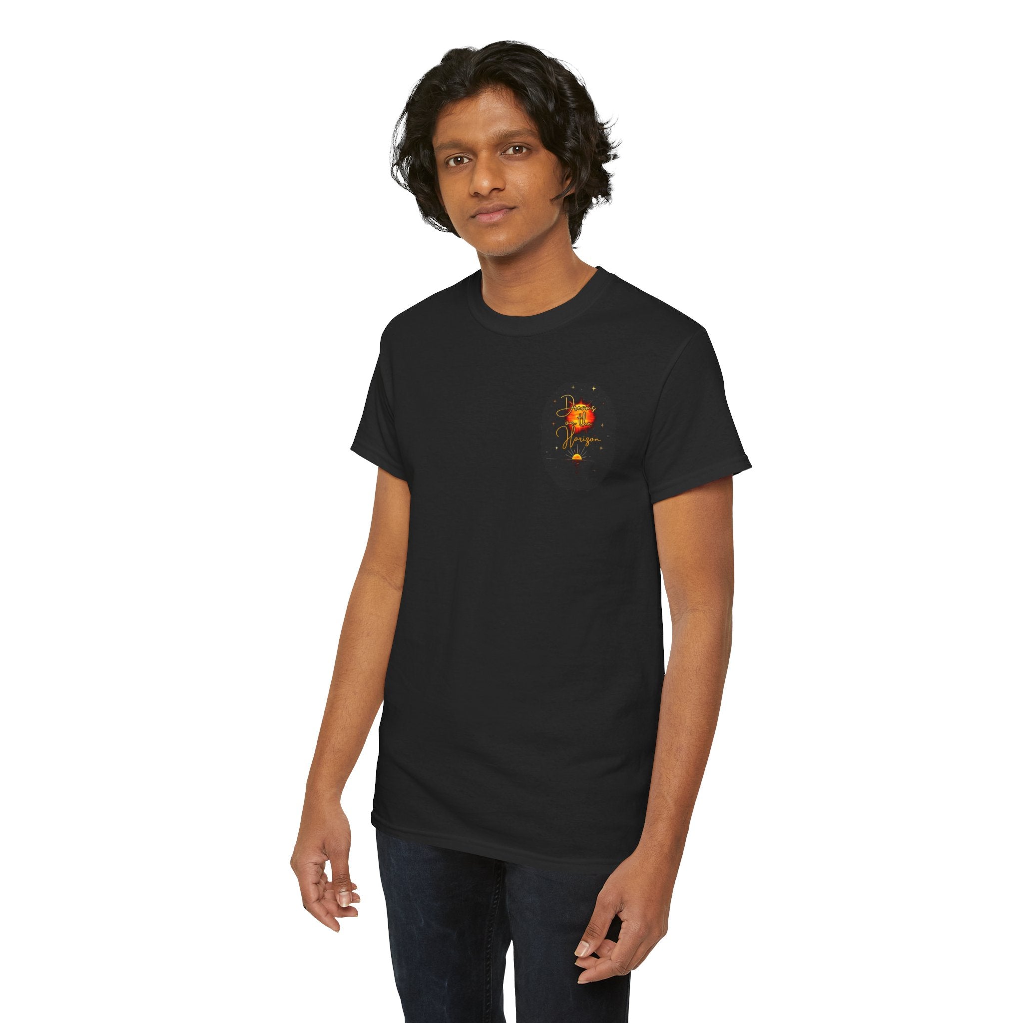 Dreams on the Horizon – Sunrise Back-Print Heavy Cotton Tee, Inspirational and Motivational Apparel, Gift for Dreamers, Creative Expression Wear