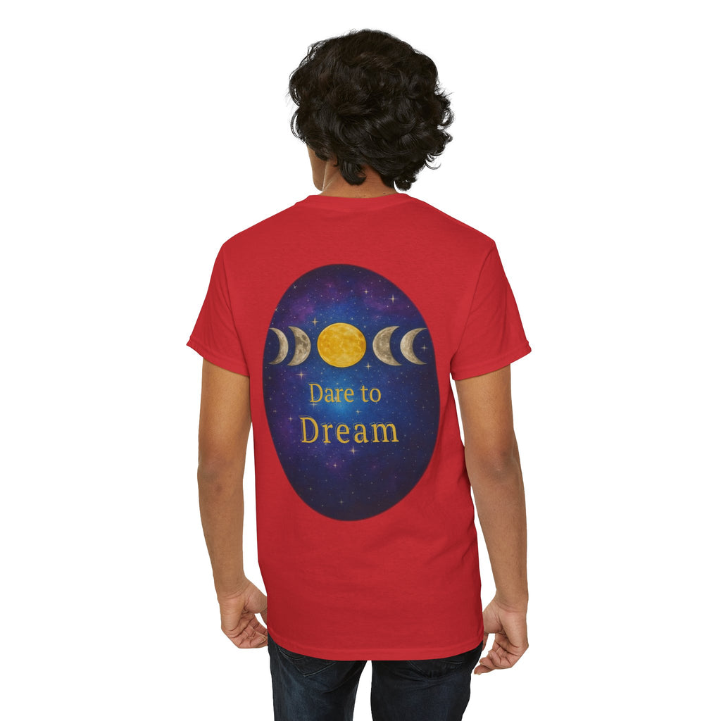 Dare to Dream Moon-Phase Tee – Golden Full Moon Back Print + Front Badge | Gildan 5000 Heavy Cotton, Inspirational and Motivational Apparel, Gift for Dreamers, Creative Expression Wear