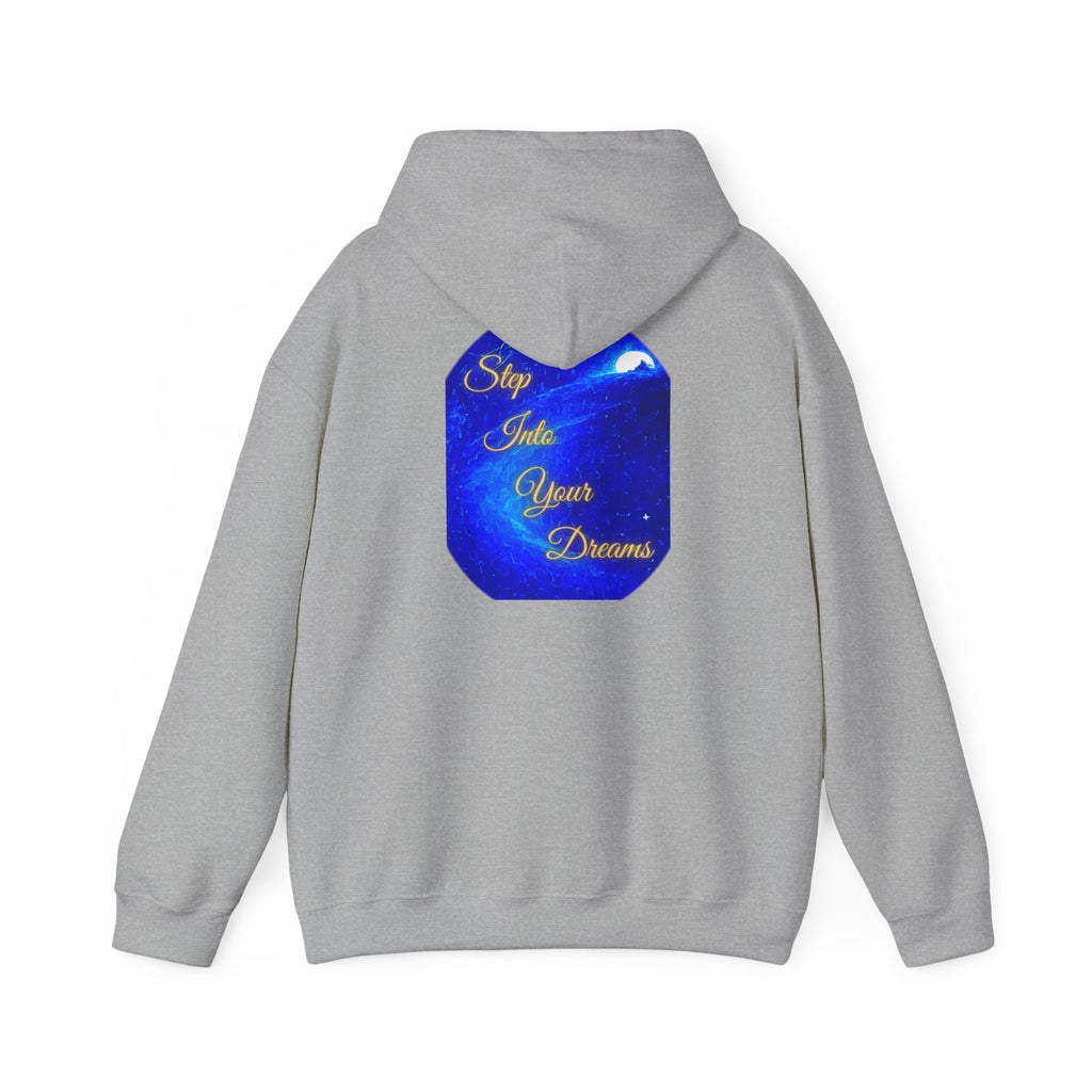 Step Into Your Dreams – Cosmic Gateway Back-print Hoodie | Tiny front badge | Gildan Heavy Blend™. Inspirational and Motivational Apparel, Gift for Dreamers, Creative Expression