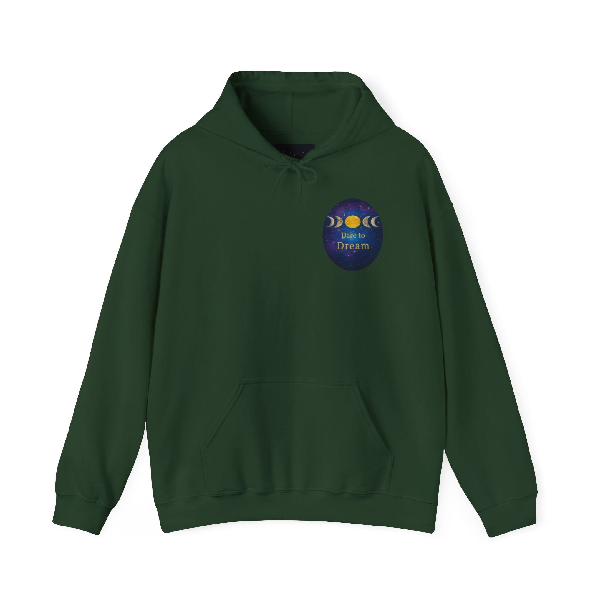 Dare to Dream Moon-Phase Hoodie | Back Glow Print + Front Badge | Heavy Blend™, Inspirational and Motivational Apparel, Gift for Dreamers, Creative Expression Wear