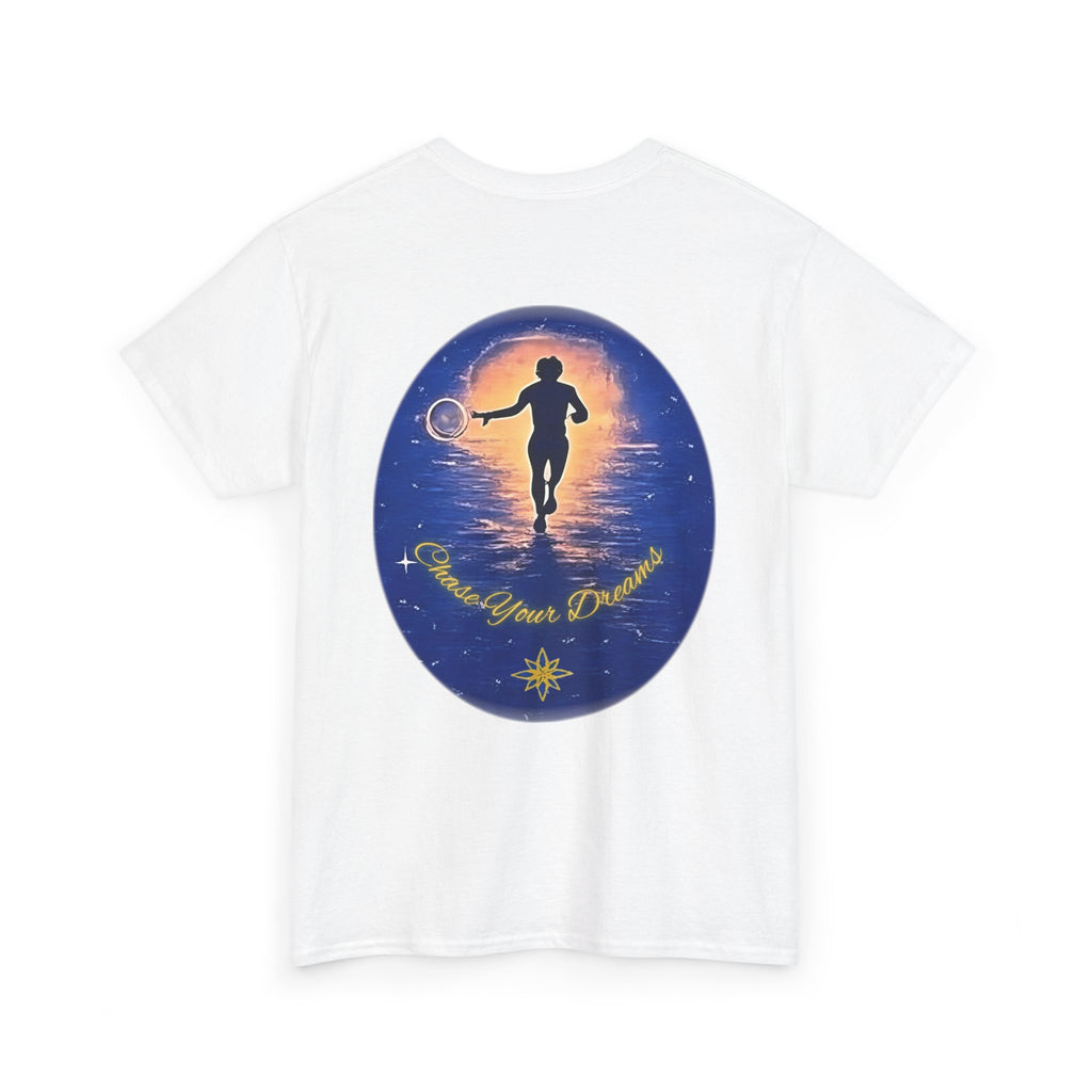 Chase Your Dreams – Sunrise Silhouette Back Printed Heavy Cotton Tee, Inspirational and Motivational Apparel, Gift for Dreamers, Creative Expression Wear