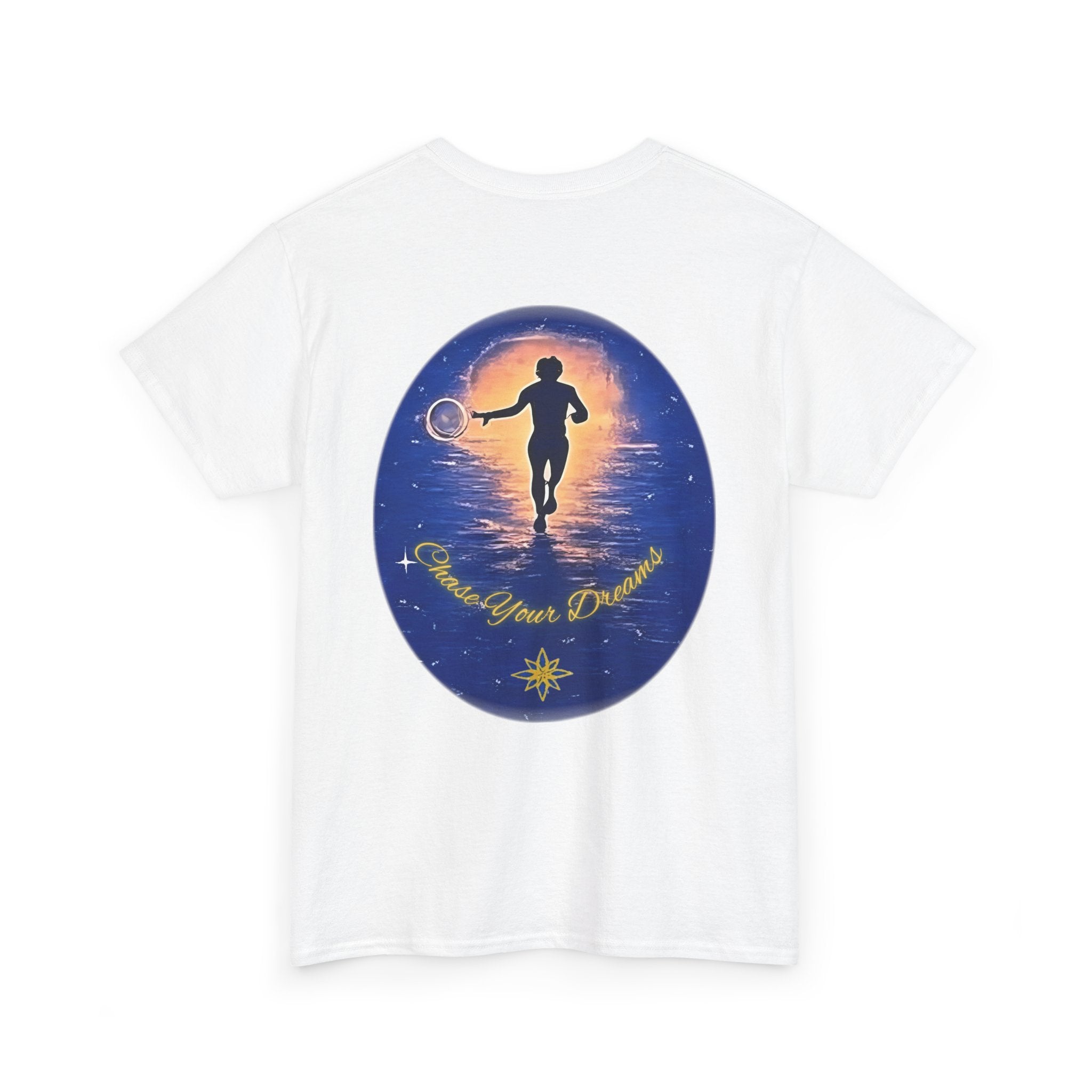 Chase Your Dreams – Sunrise Silhouette Back Printed Heavy Cotton Tee, Inspirational and Motivational Apparel, Gift for Dreamers, Creative Expression Wear