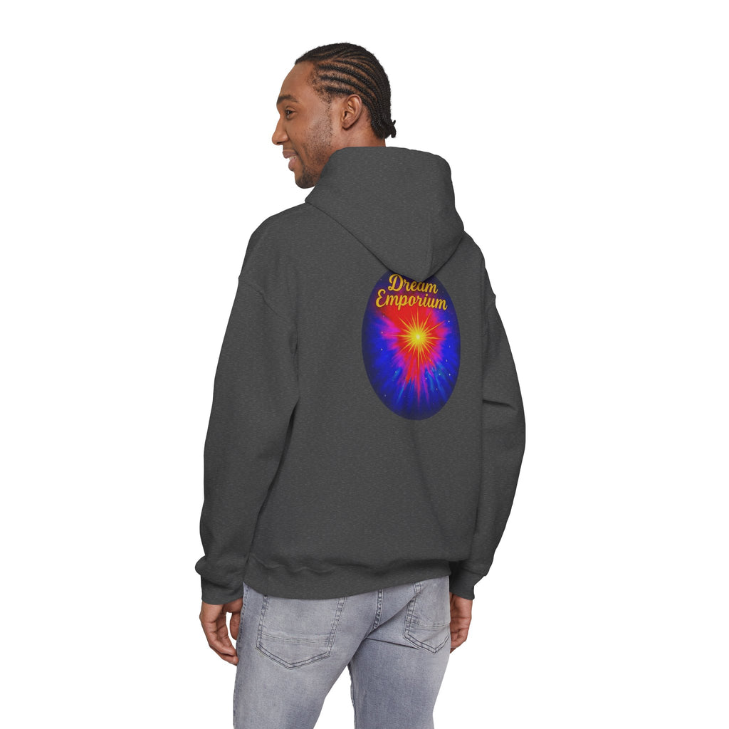 Dream Emporium – Back Printed Radiant Starburst Heavy Blend™ Hooded Sweatshirt, Inspirational and Motivational Apparel, Gift for Dreamers, Creative Expression Wear