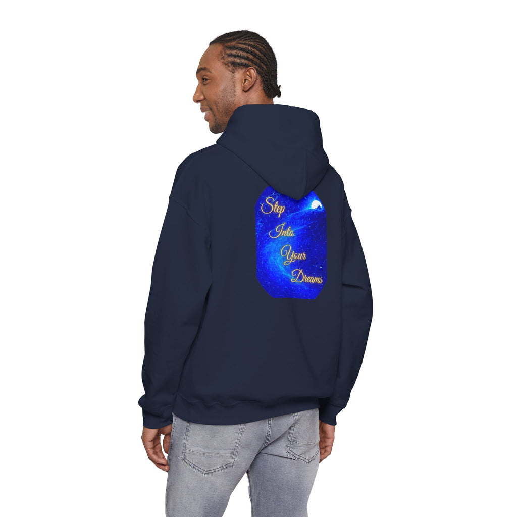 Step Into Your Dreams – Cosmic Gateway Back-print Hoodie | Tiny front badge | Gildan Heavy Blend™. Inspirational and Motivational Apparel, Gift for Dreamers, Creative Expression