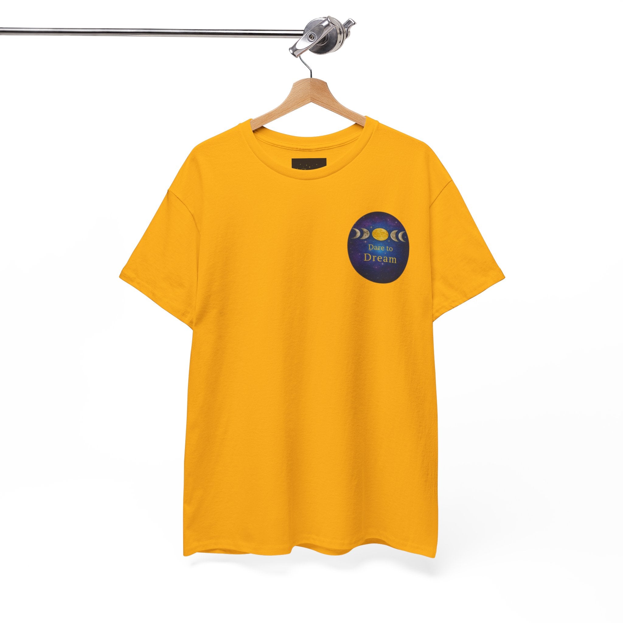 Dare to Dream Moon-Phase Tee – Golden Full Moon Back Print + Front Badge | Gildan 5000 Heavy Cotton, Inspirational and Motivational Apparel, Gift for Dreamers, Creative Expression Wear
