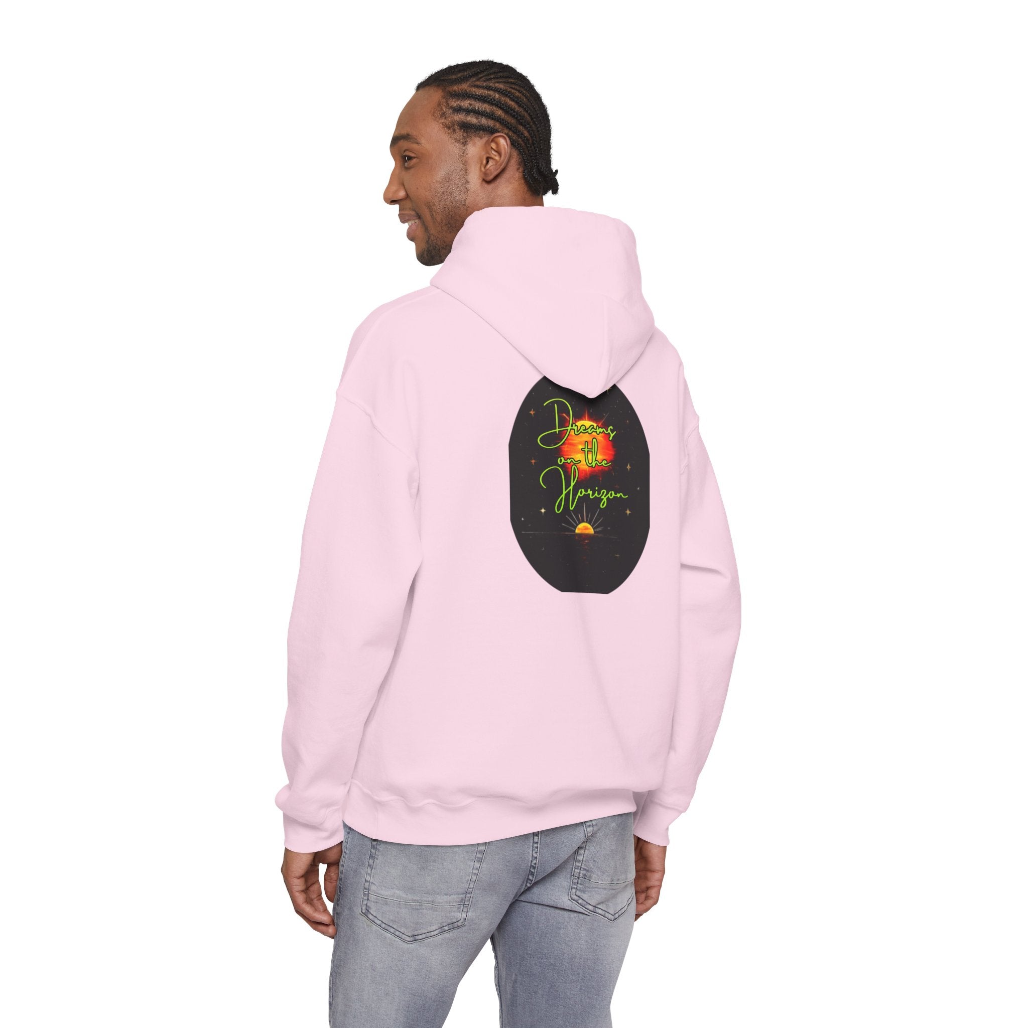 Dreams on the Horizon (Lemongrass) Sunrise Back Print Hooded Sweatshirt, Inspirational and Motivational Apparel, Gift for Dreamers, Creative Expression Wear