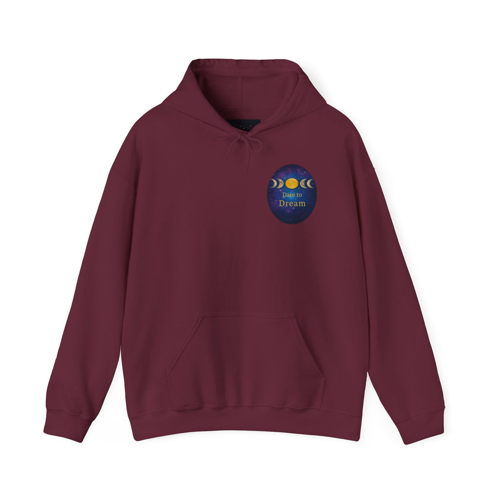 Dare to Dream Moon-Phase Hoodie | Back Glow Print + Front Badge | Heavy Blend™, Inspirational and Motivational Apparel, Gift for Dreamers, Creative Expression Wear